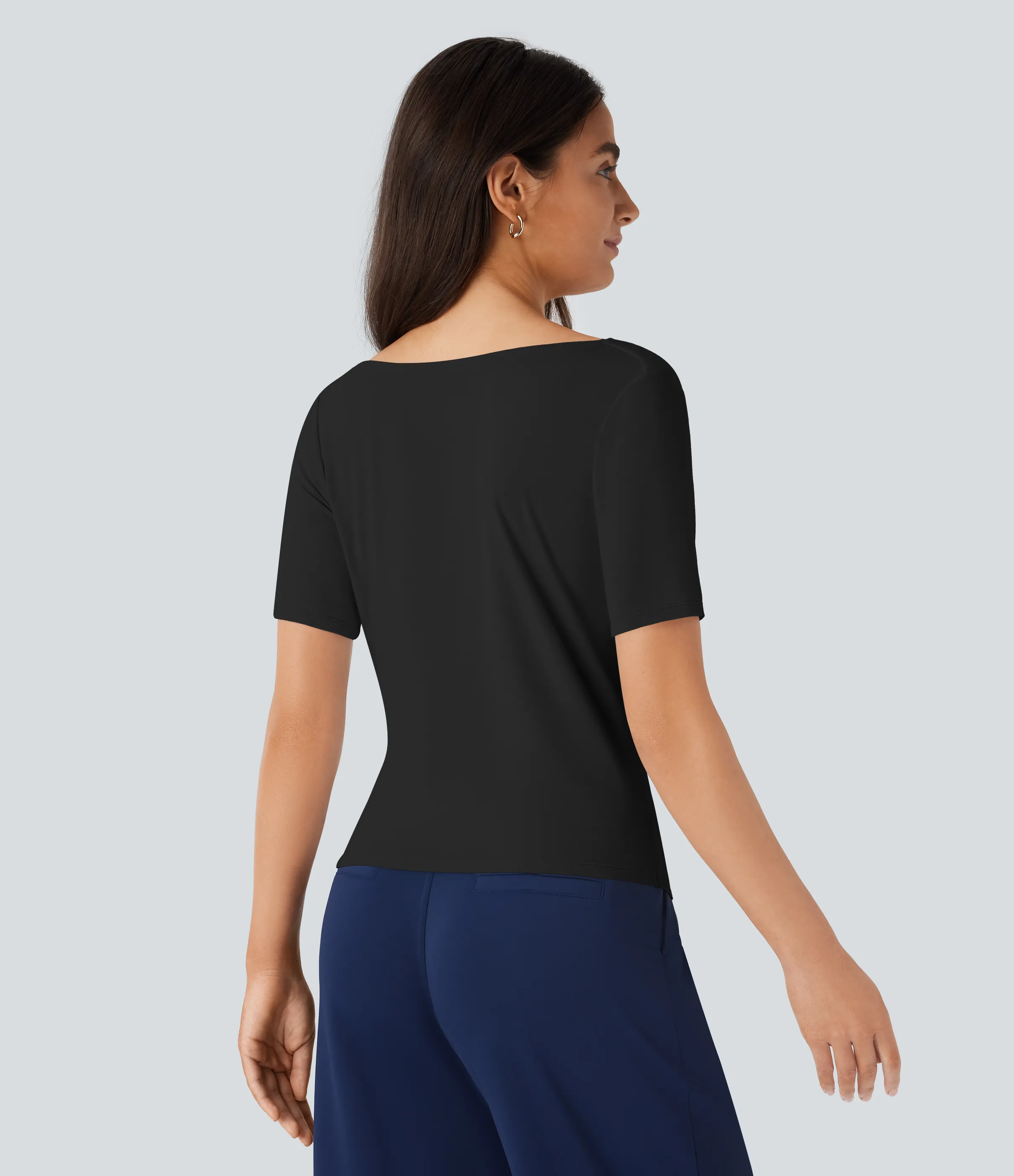 Halara Blusa oficina cuello vuelto manga corta dobladillo fruncido asimétrico - Black - S sold by Halara product image thumbnail 3