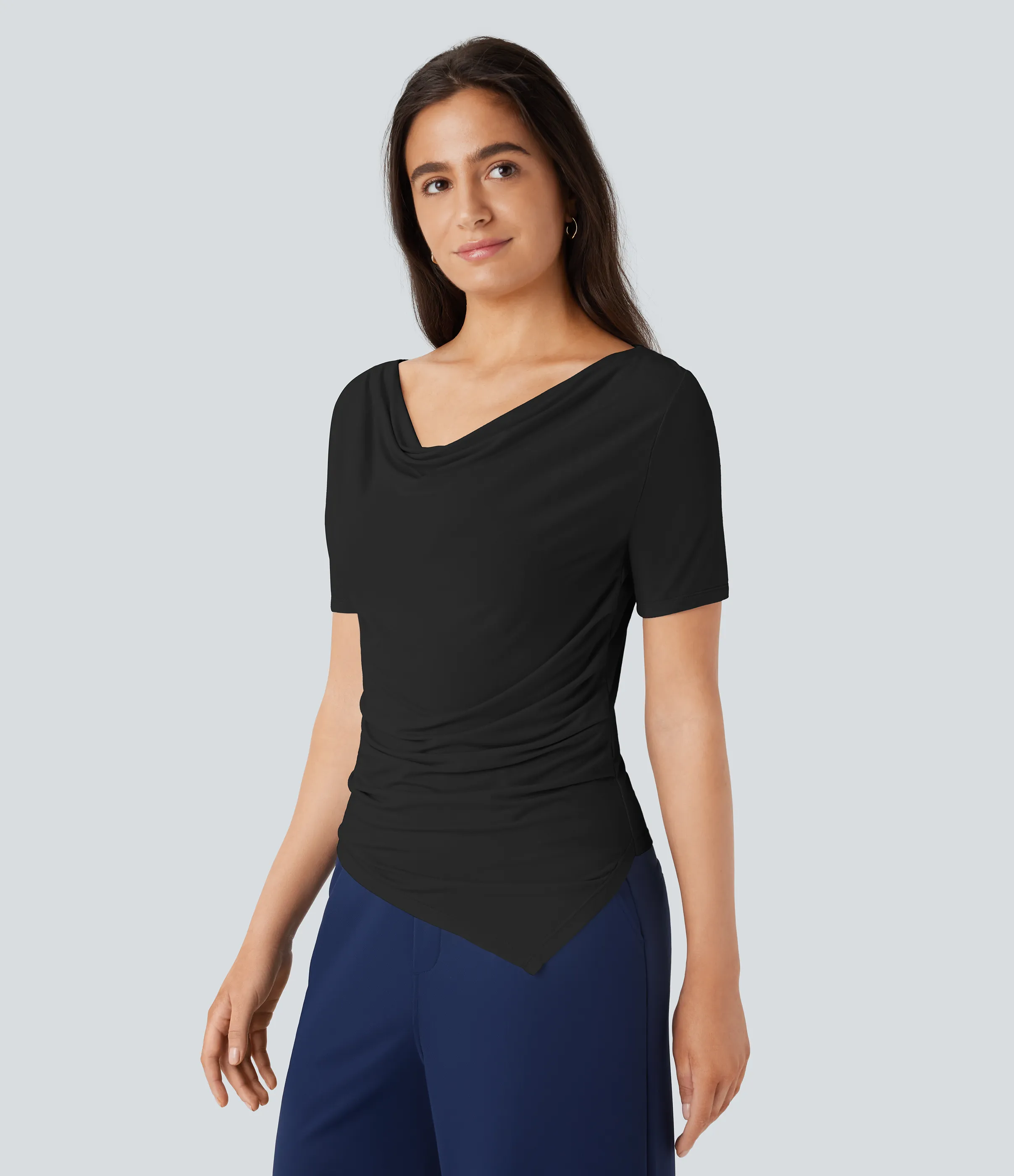 Halara Blusa oficina cuello vuelto manga corta dobladillo fruncido asimétrico - Black - S sold by Halara product image thumbnail 4