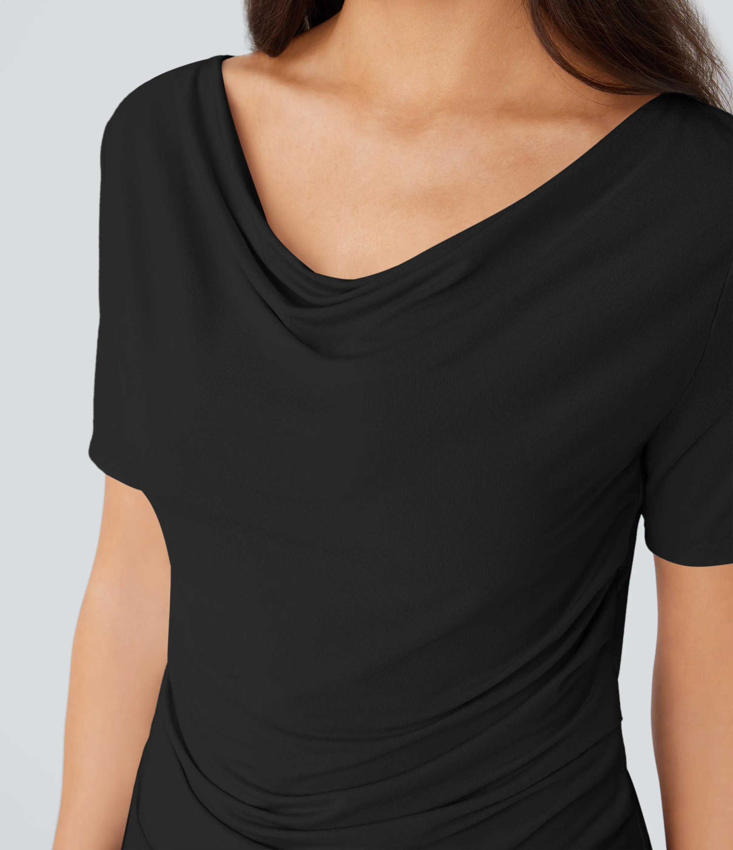 Halara Blusa oficina cuello vuelto manga corta dobladillo fruncido asimétrico - Black - S sold by Halara product image thumbnail 5