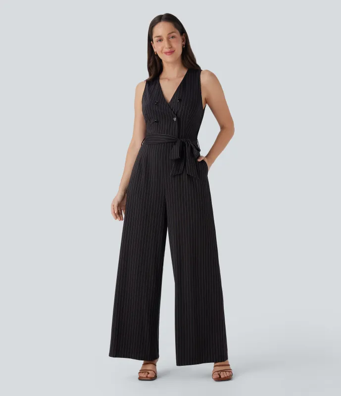 Halara Mono de oficina a rayas sin mangas con cuello en V, botones, cinturón, cremallera invisible de tacto fresco con bolsillos - Easy Peezy - Black Brown Black Pinstripe - XS(regular) sold by Halara