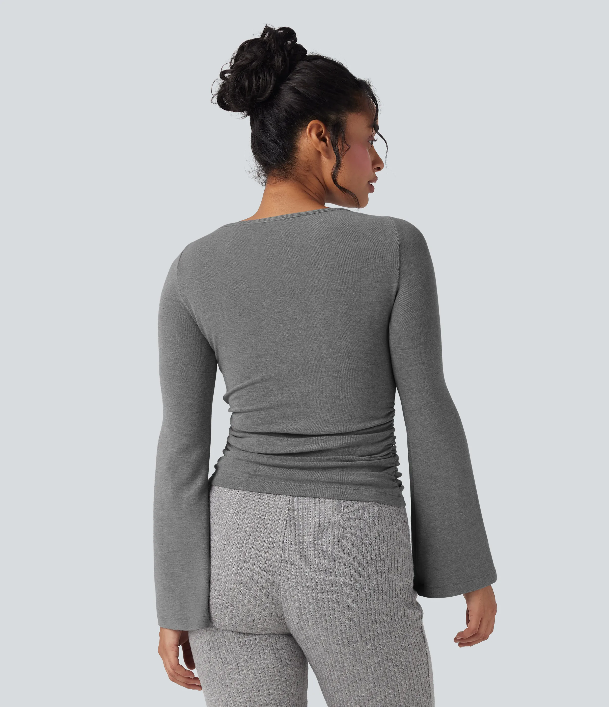 Halara Top casual térmico fruncido de manga larga con cuello barco - Mottled Cloud Grey - S sold by Halara product image thumbnail 3