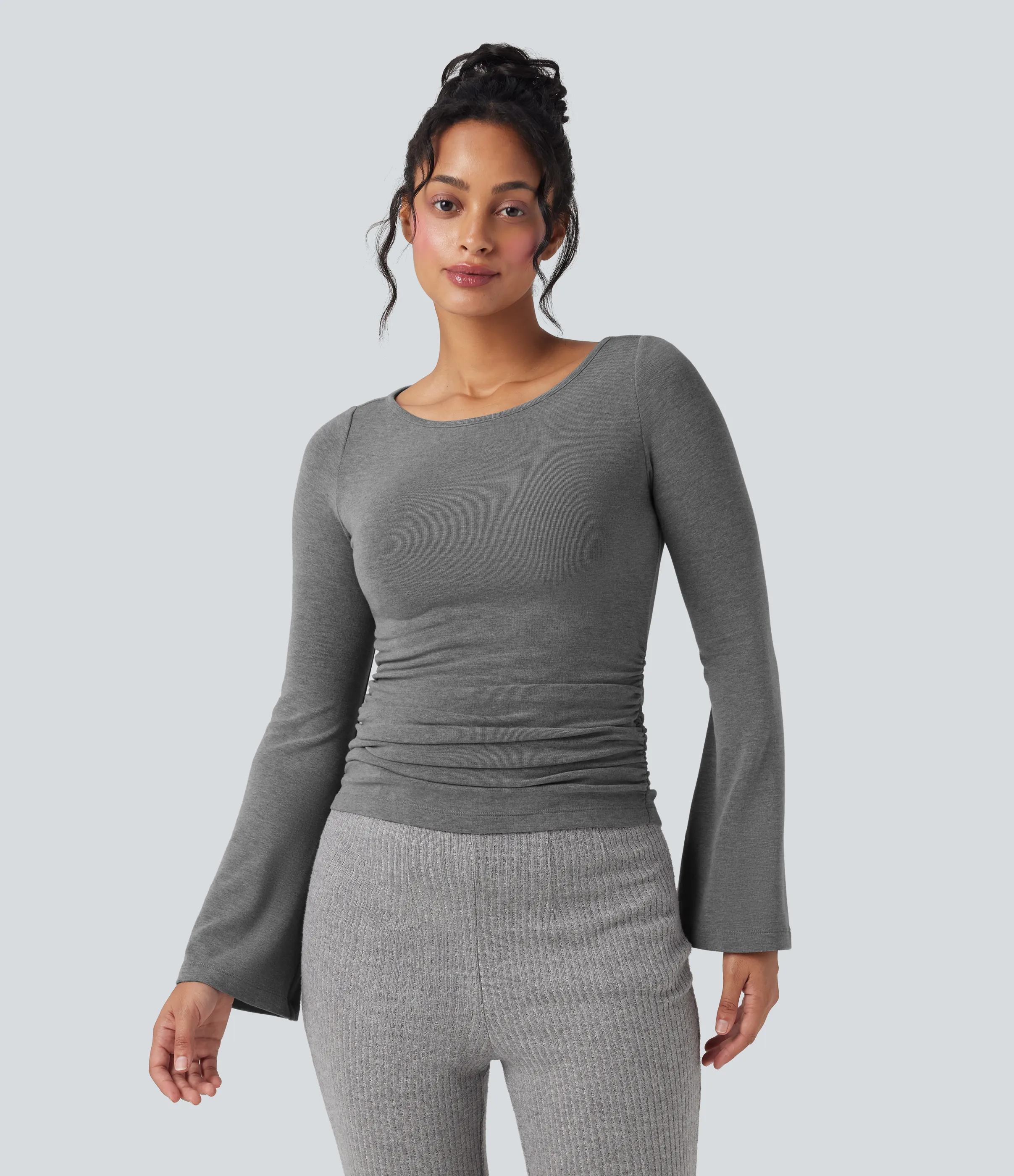 Halara Top casual térmico fruncido de manga larga con cuello barco - Mottled Cloud Grey - S sold by Halara product image thumbnail 4