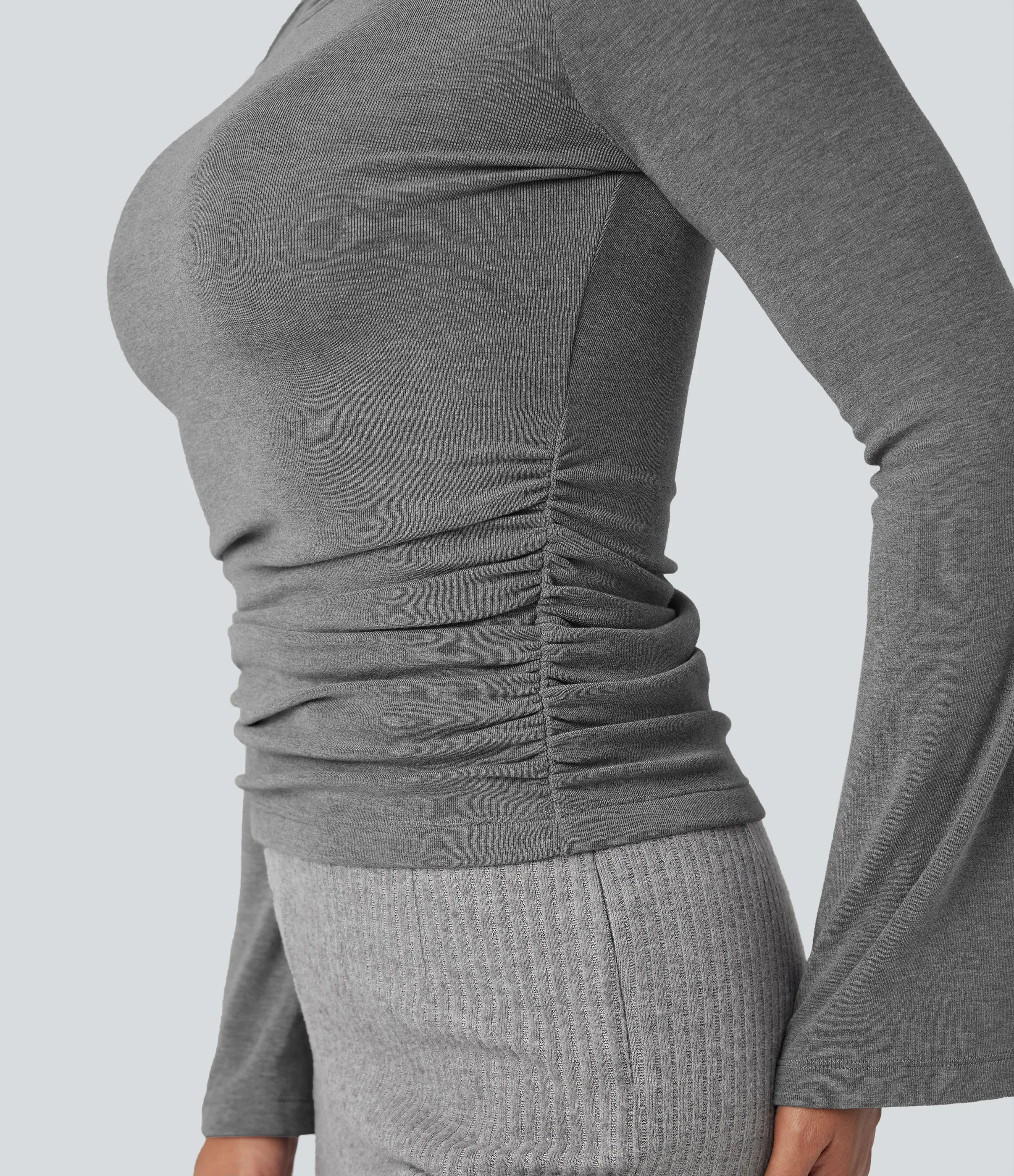 Halara Top casual térmico fruncido de manga larga con cuello barco - Mottled Cloud Grey - S sold by Halara product image thumbnail 5