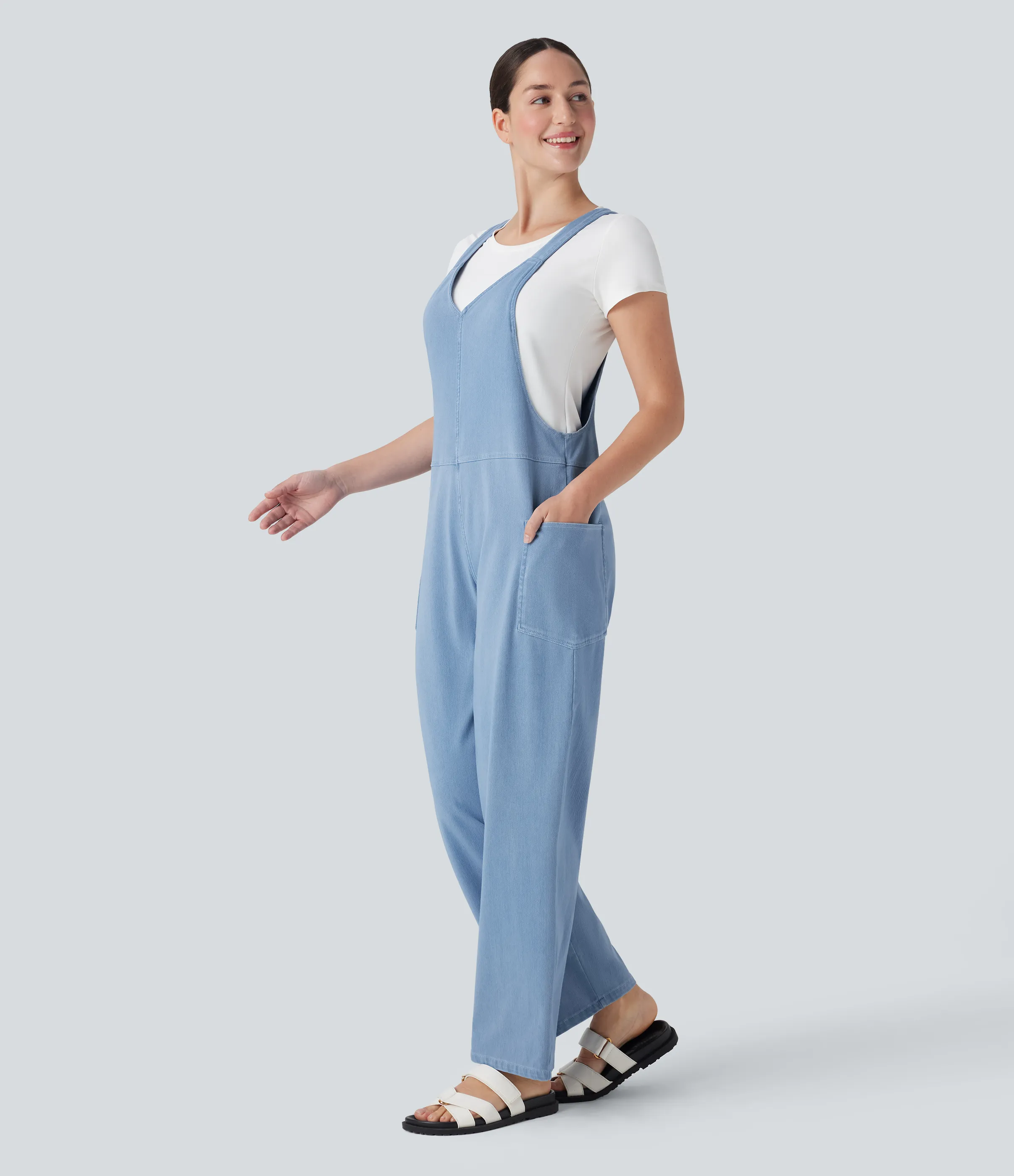 Halara Overol Halara Flex™ Denim mezclilla elástico lavado bolsillo lateral cuello V - Campanula Blue Denim - M(petite) sold by Halara product image thumbnail 4