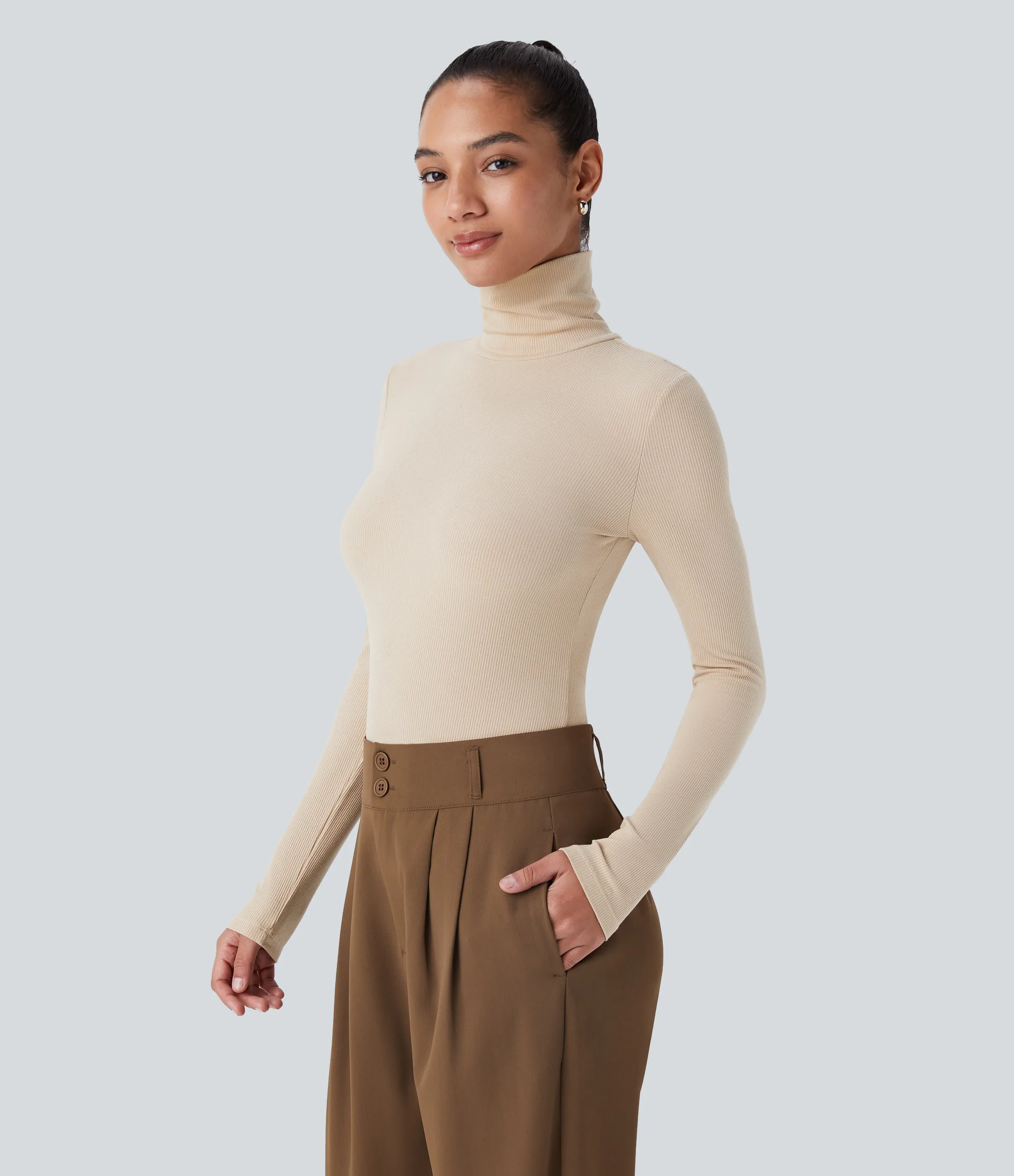 Halara Top casual de manga larga con cuello alto de punto acanalado - Tapioca - S sold by Halara product image thumbnail 4