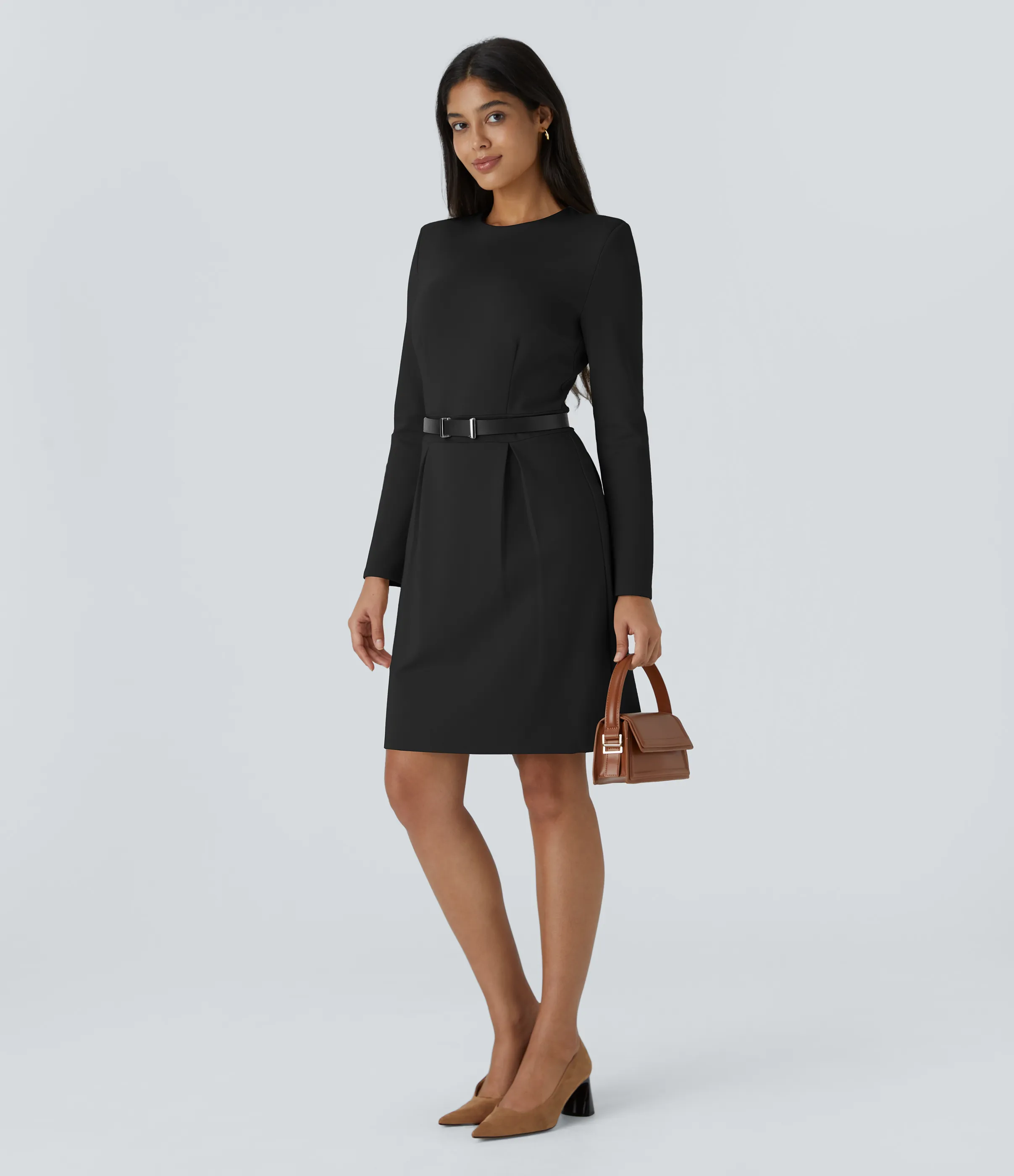 Halara Vestido oficina ajustado manga larga cuello redondo hombrera cremallera invisible dobladillo dividido - Black - XL(regular) sold by Halara