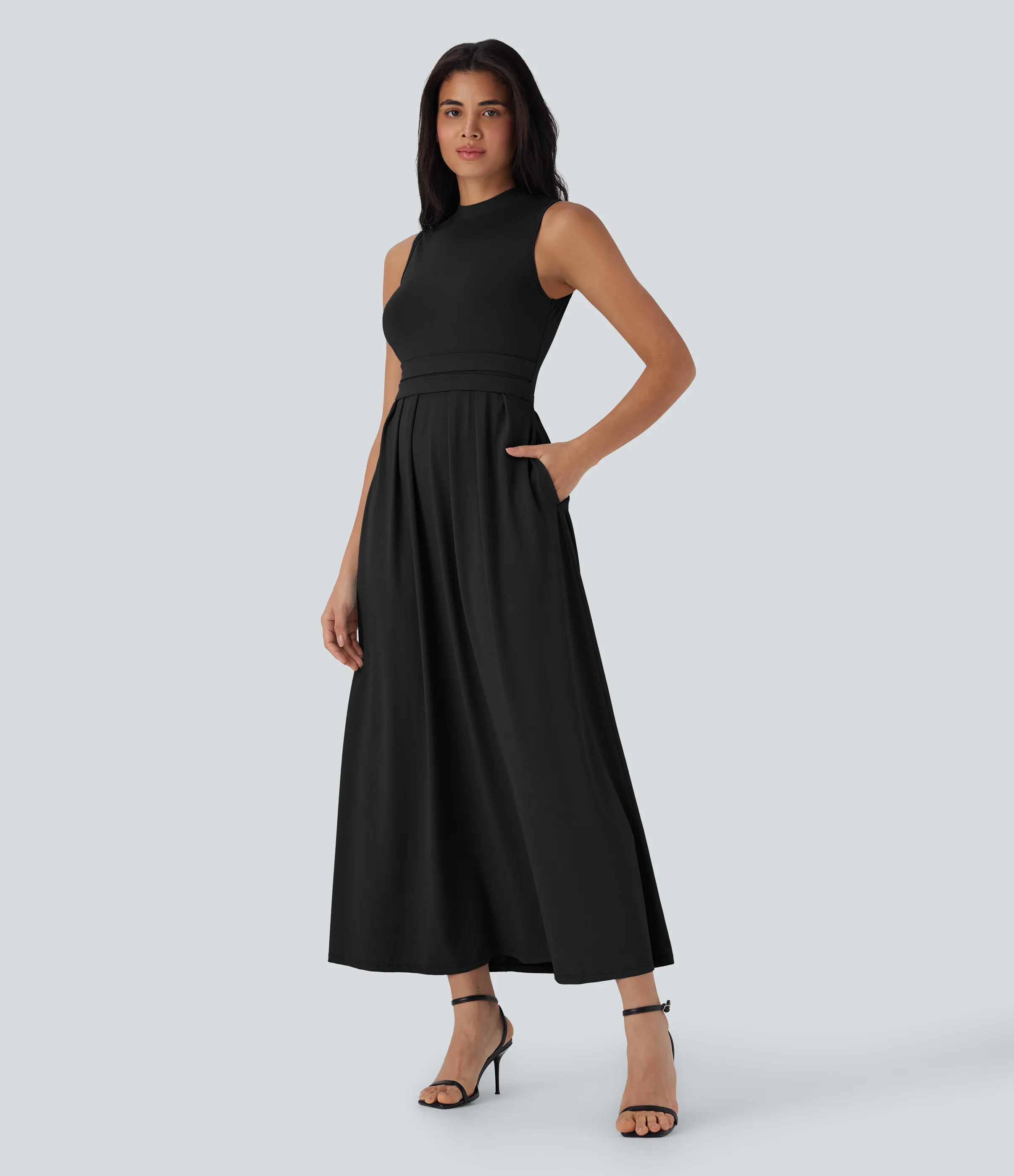 Halara Vestido largo casual sin mangas con cuello alto y bolsillos laterales - Black - M sold by Halara product image thumbnail 4