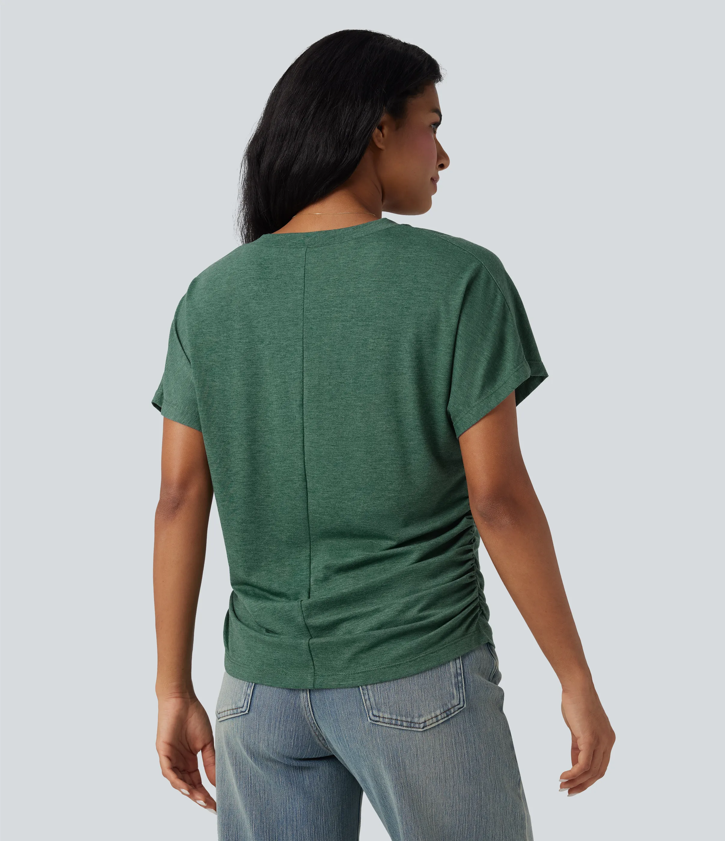 Halara Top casual holgado de manga corta con cuello en V y fruncido - Emerald Floral Yarn - XS sold by Halara product image thumbnail 3