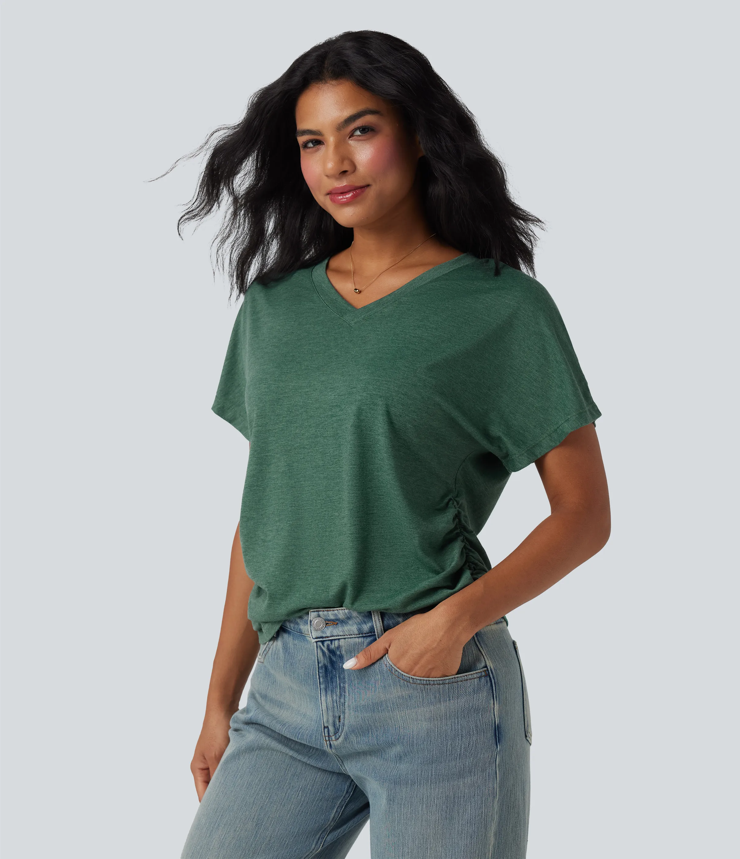 Halara Top casual holgado de manga corta con cuello en V y fruncido - Emerald Floral Yarn - XS sold by Halara product image thumbnail 5