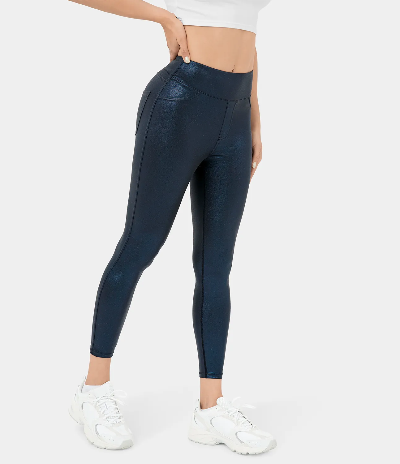 Halara Leggings oficina Softlyzero™ Faux Leather bolsillo lateral trasero tiro alto - Shiny Midnight Blue - M(full_length) sold by Halara product image thumbnail 4