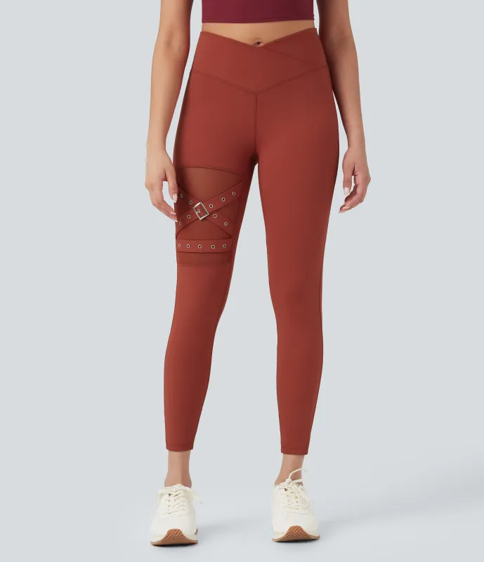 Halara Leggings yoga hebilla decorativa malla contrastante cruzada tiro alto - Cinnabar - S(7/8) sold by Halara