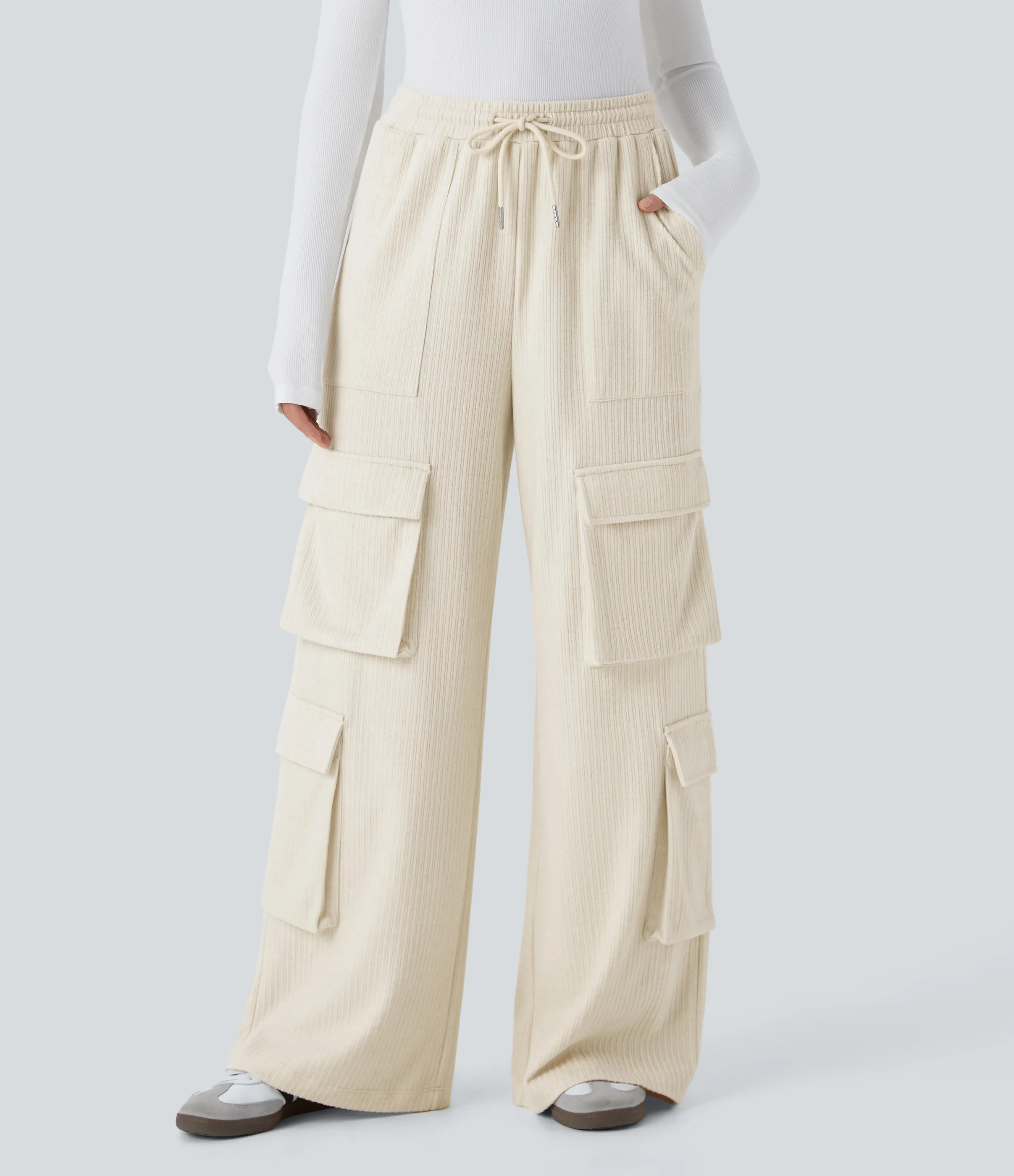 Halara Pantalón cargo tiro medio canalé cordón ajustable múltiple bolsillo pierna ancha - Whisper White - XL(regular) sold by Halara