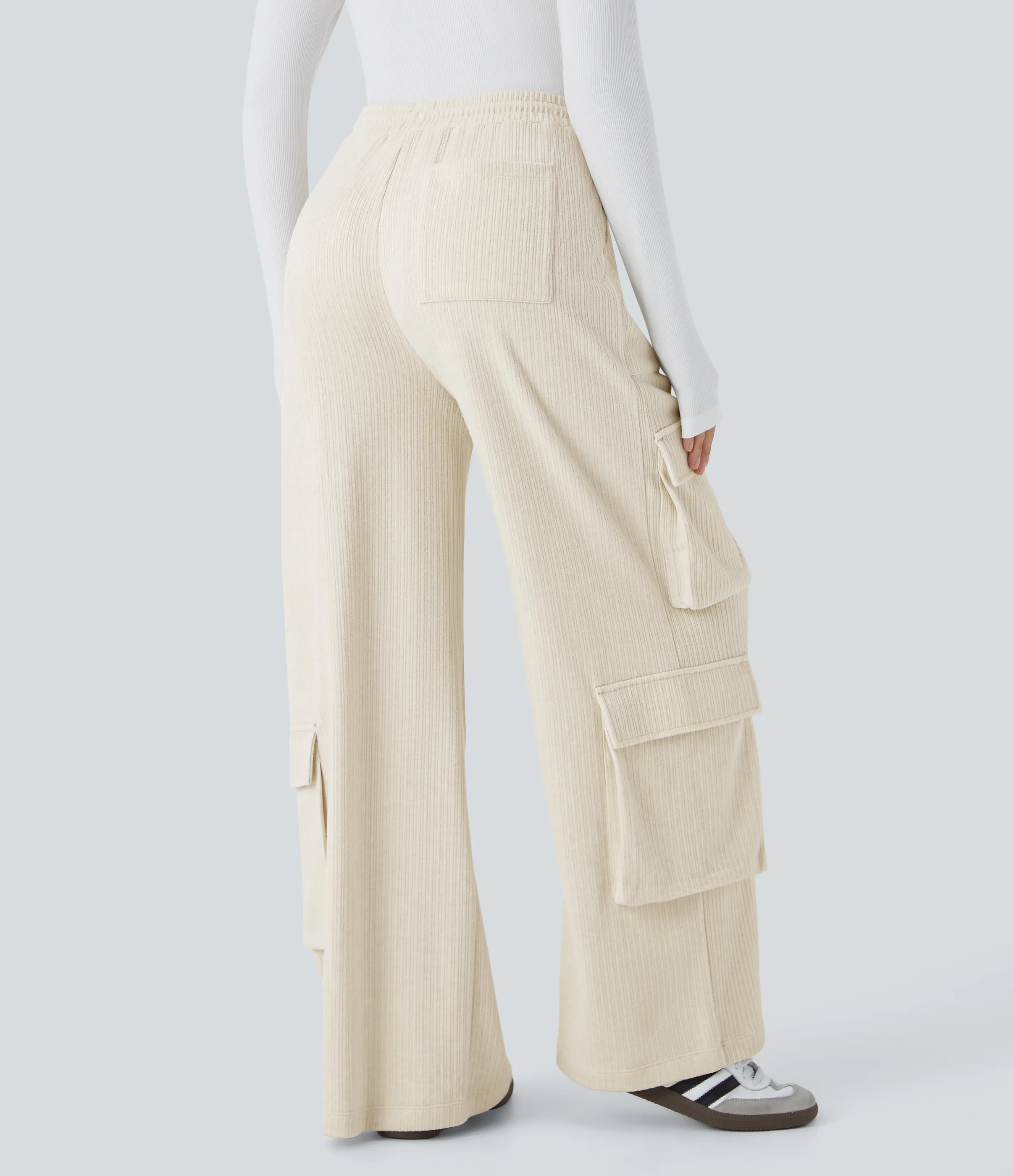 Halara Pantalón cargo tiro medio canalé cordón ajustable múltiple bolsillo pierna ancha - Whisper White - XL(regular) sold by Halara product image thumbnail 3