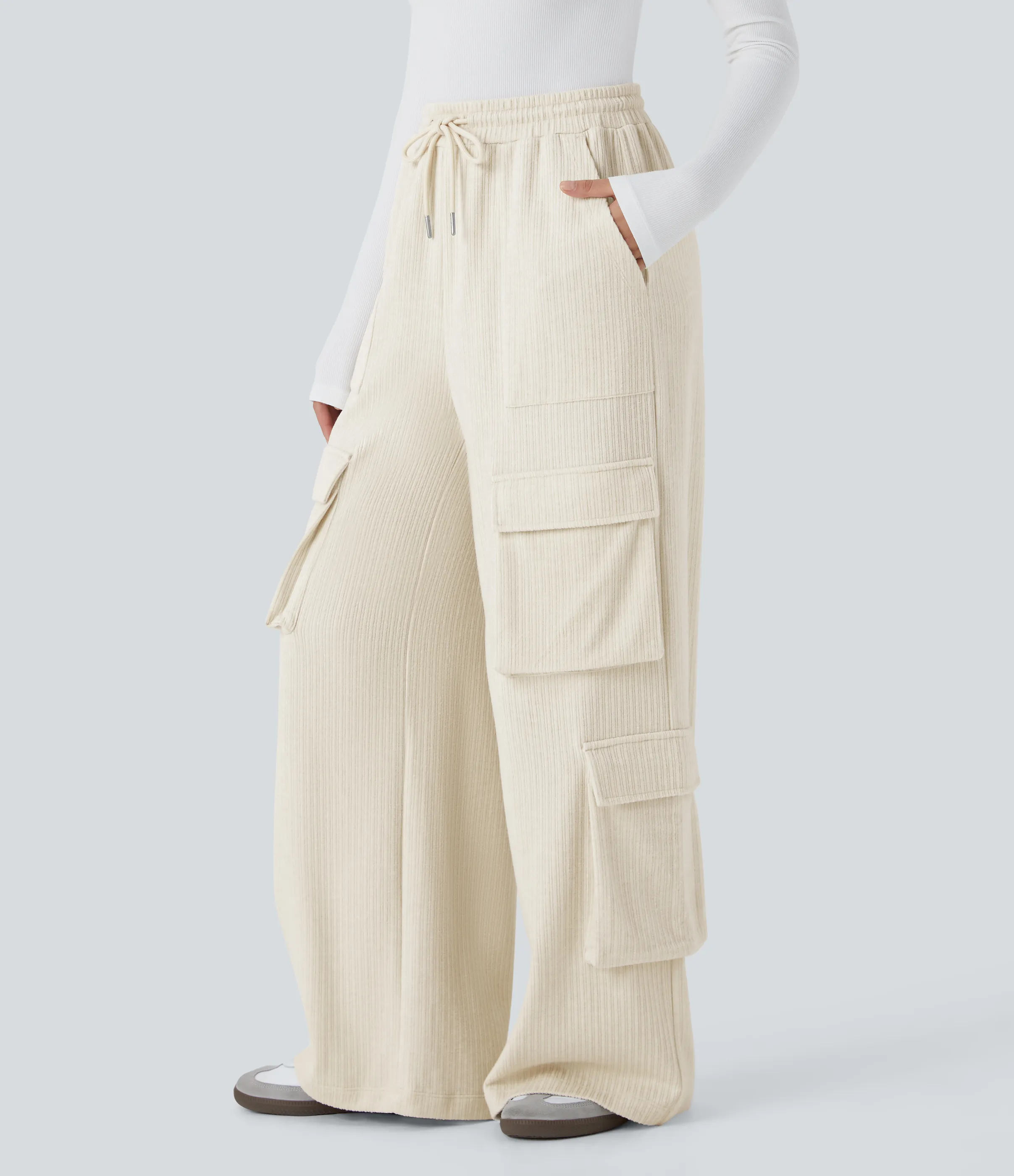 Halara Pantalón cargo tiro medio canalé cordón ajustable múltiple bolsillo pierna ancha - Whisper White - XL(regular) sold by Halara product image thumbnail 4