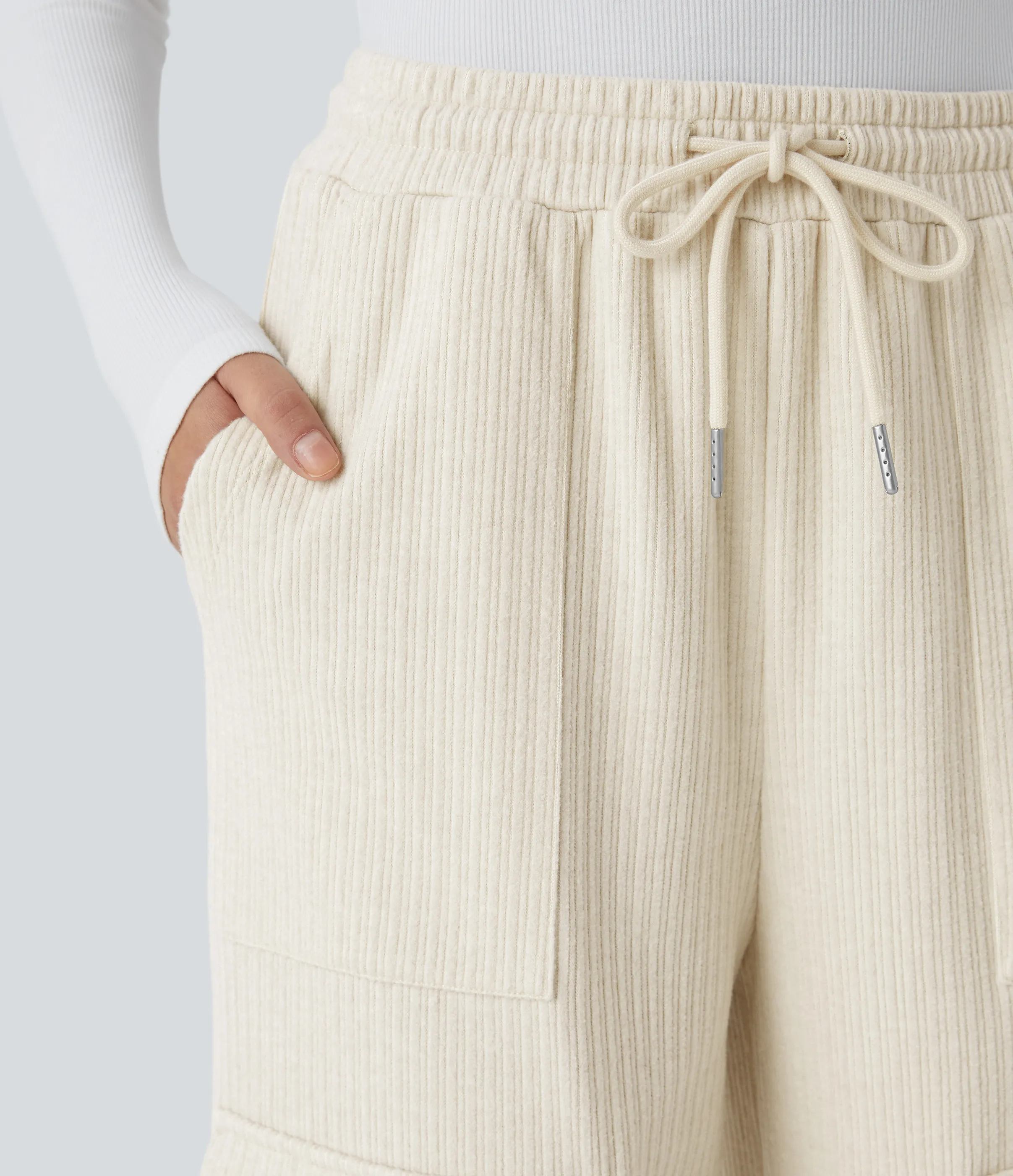 Halara Pantalón cargo tiro medio canalé cordón ajustable múltiple bolsillo pierna ancha - Whisper White - XL(regular) sold by Halara product image thumbnail 5