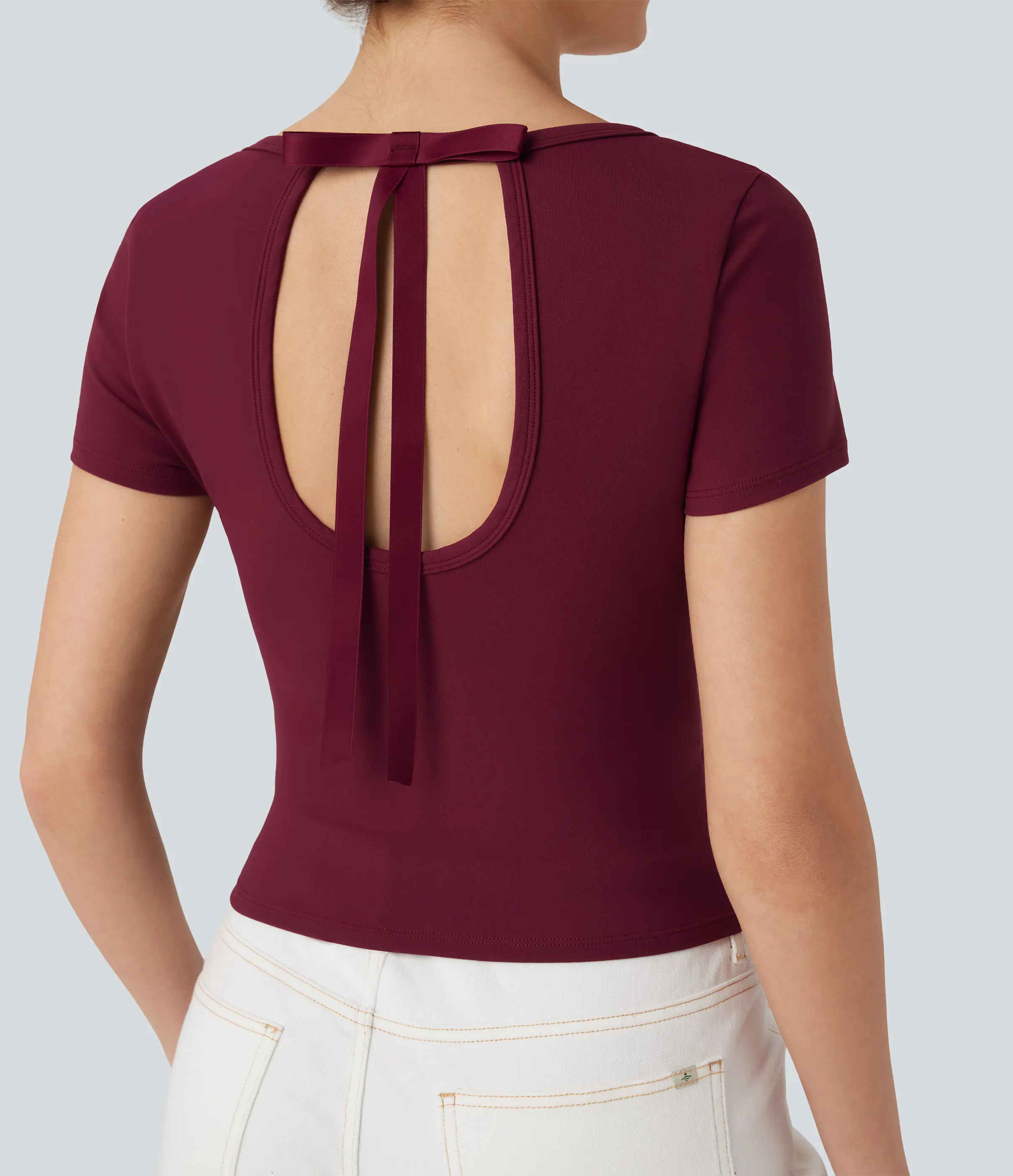 Halara Top casual corto con lazo de manga corta y cuello redondo - Deep Wine - M sold by Halara product image thumbnail 5