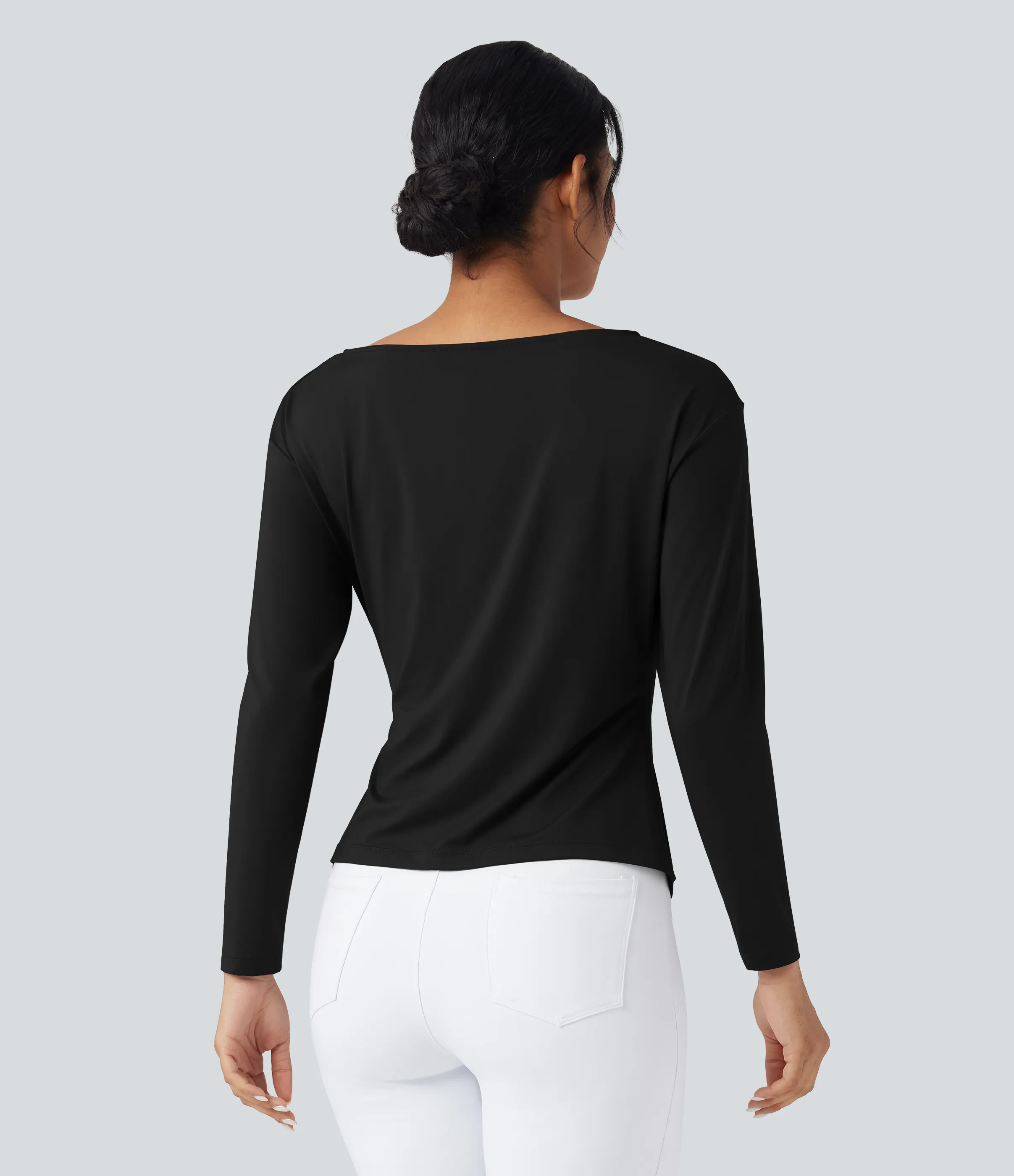 Halara Blusa de oficina ajustada de manga larga con cuello barco y dobladillo asimétrico fruncido - Black - XL sold by Halara product image thumbnail 3