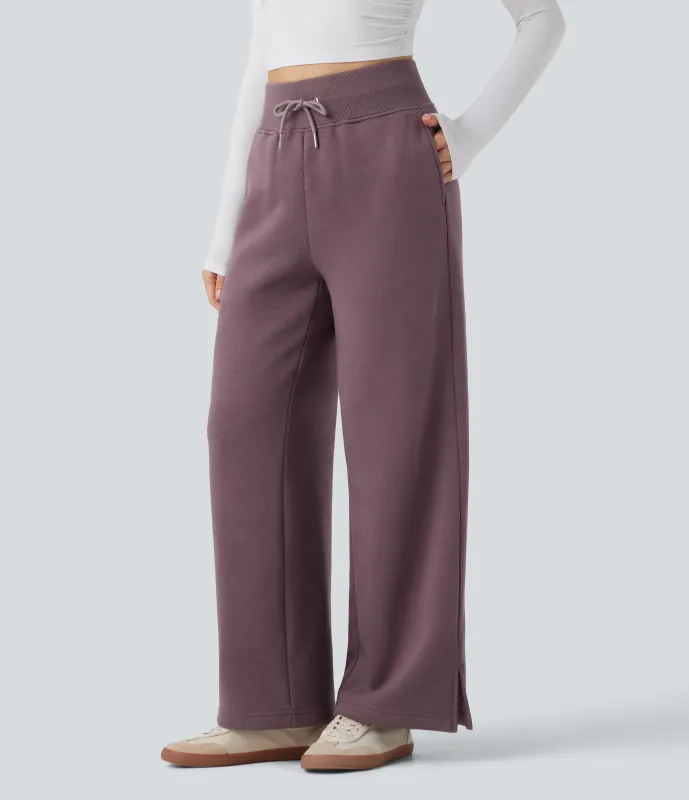 Halara Pantalones casuales rectos con polar de tiro alto con cordón ajustable, dobladillo dividido y bolsillos - Flint - L(regular) sold by Halara