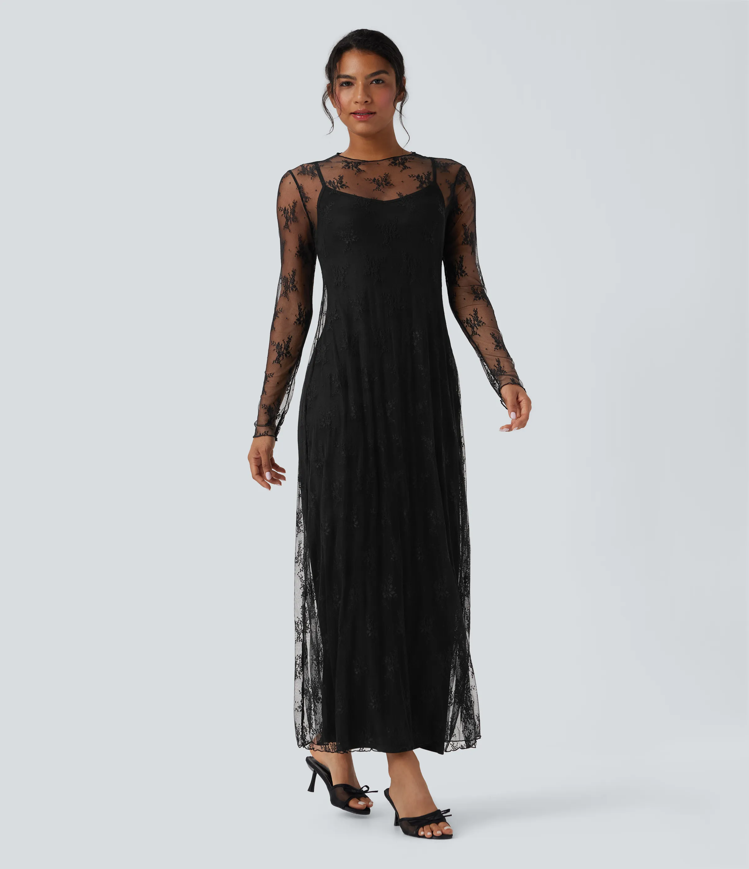 Halara Vestido casual largo maxi de manga larga de dos piezas con encaje casual - Black - XS sold by Halara product image thumbnail 2