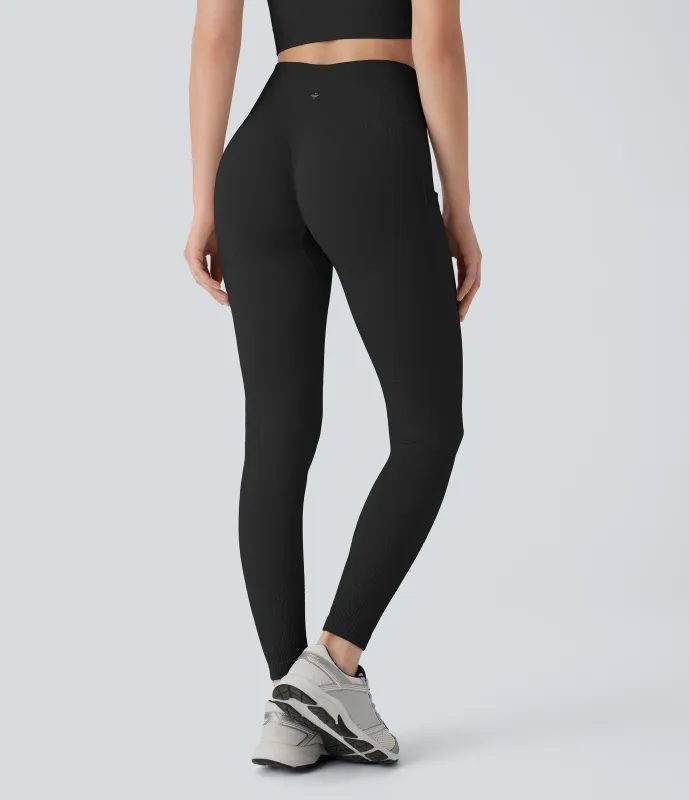 Halara Leggings yoga tiro alto control abdomen realce glúteo bolsillo lateral 7/8 sin costuras - Black - L(full_length) sold by Halara