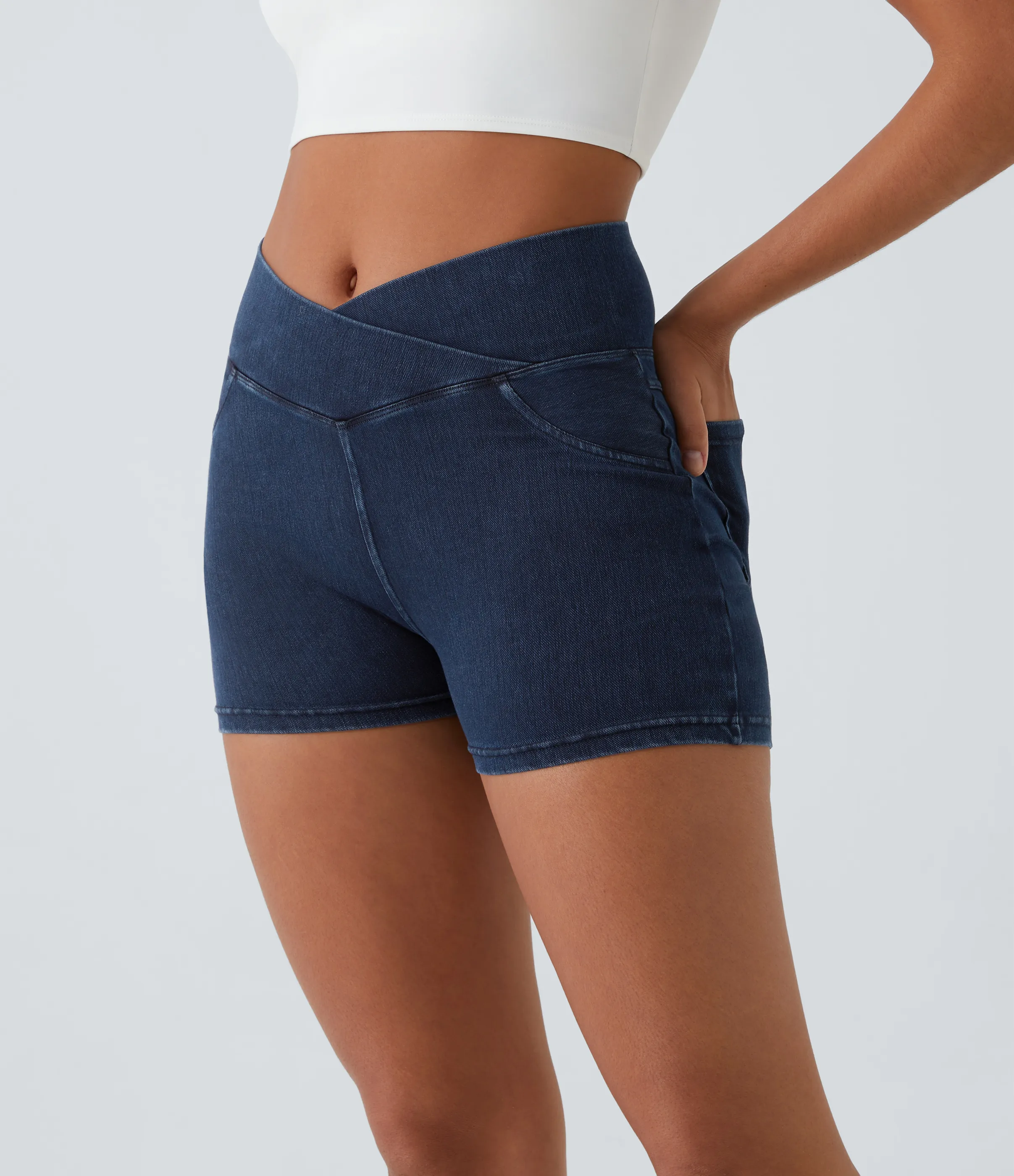 Halara Pantalón corto Halara Flex™ Denim elástico bolsillo lateral cruzado trasera tiro alto 7.5cm - Washed Denim Navy Blue - S sold by Halara product image thumbnail 5