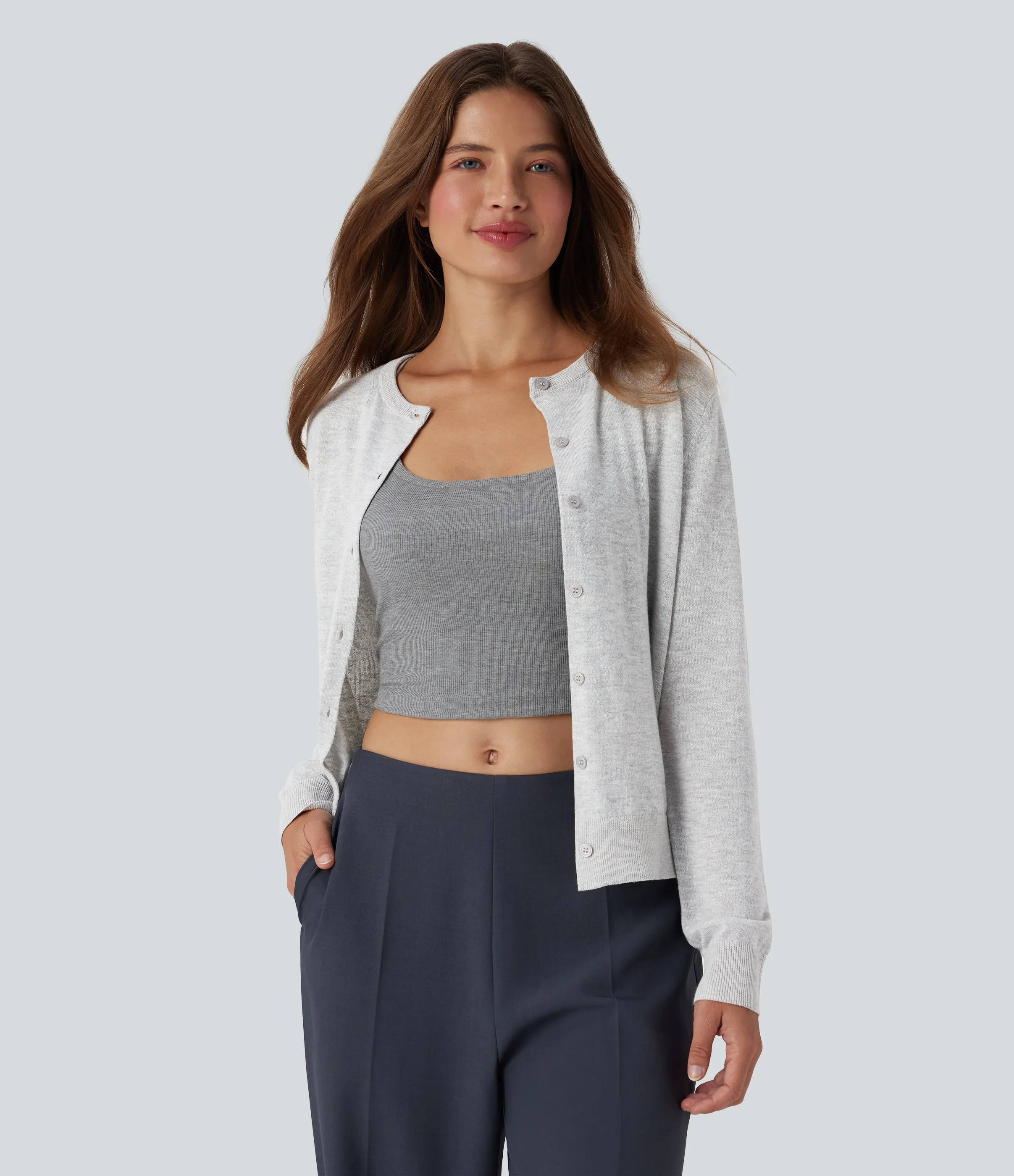 Halara Cárdigan de lana de oficina de manga larga y cuello redondo - Mottled Grey - XS sold by Halara