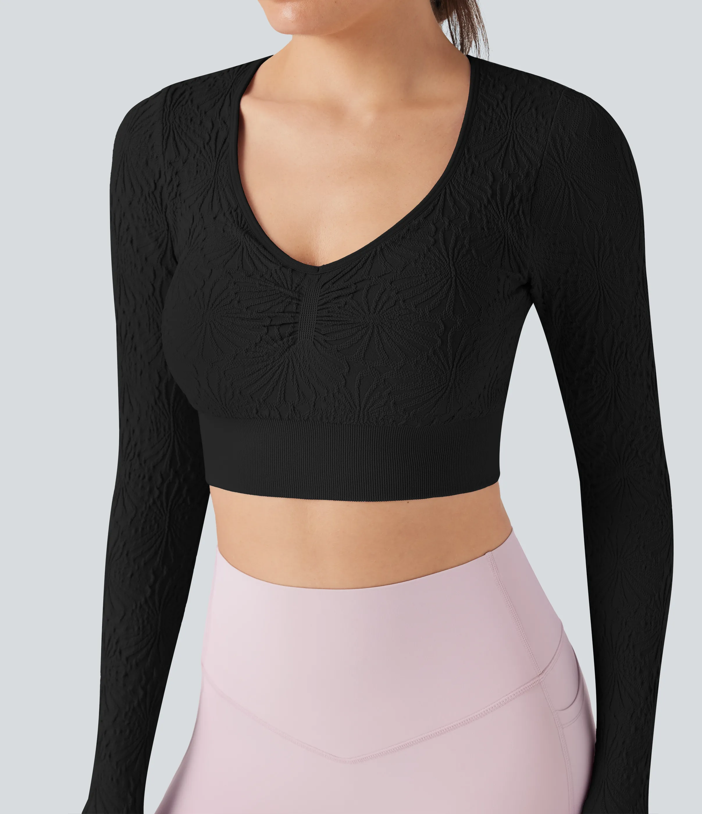 Halara Top deportivo de yoga ajustado de manga larga con diseño de jacquard sin costuras - Black - M sold by Halara