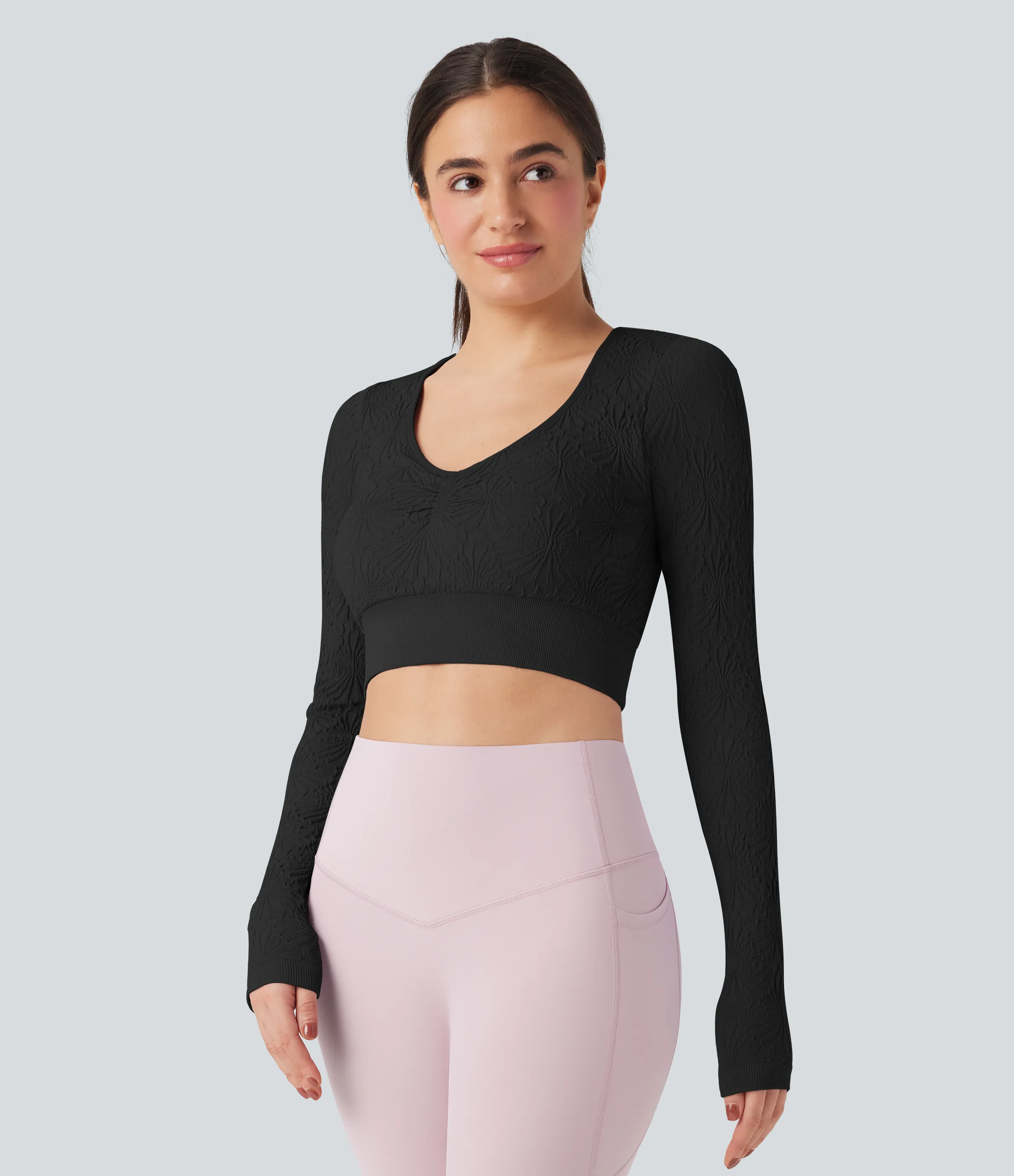 Halara Top deportivo de yoga ajustado de manga larga con diseño de jacquard sin costuras - Black - M sold by Halara product image thumbnail 5