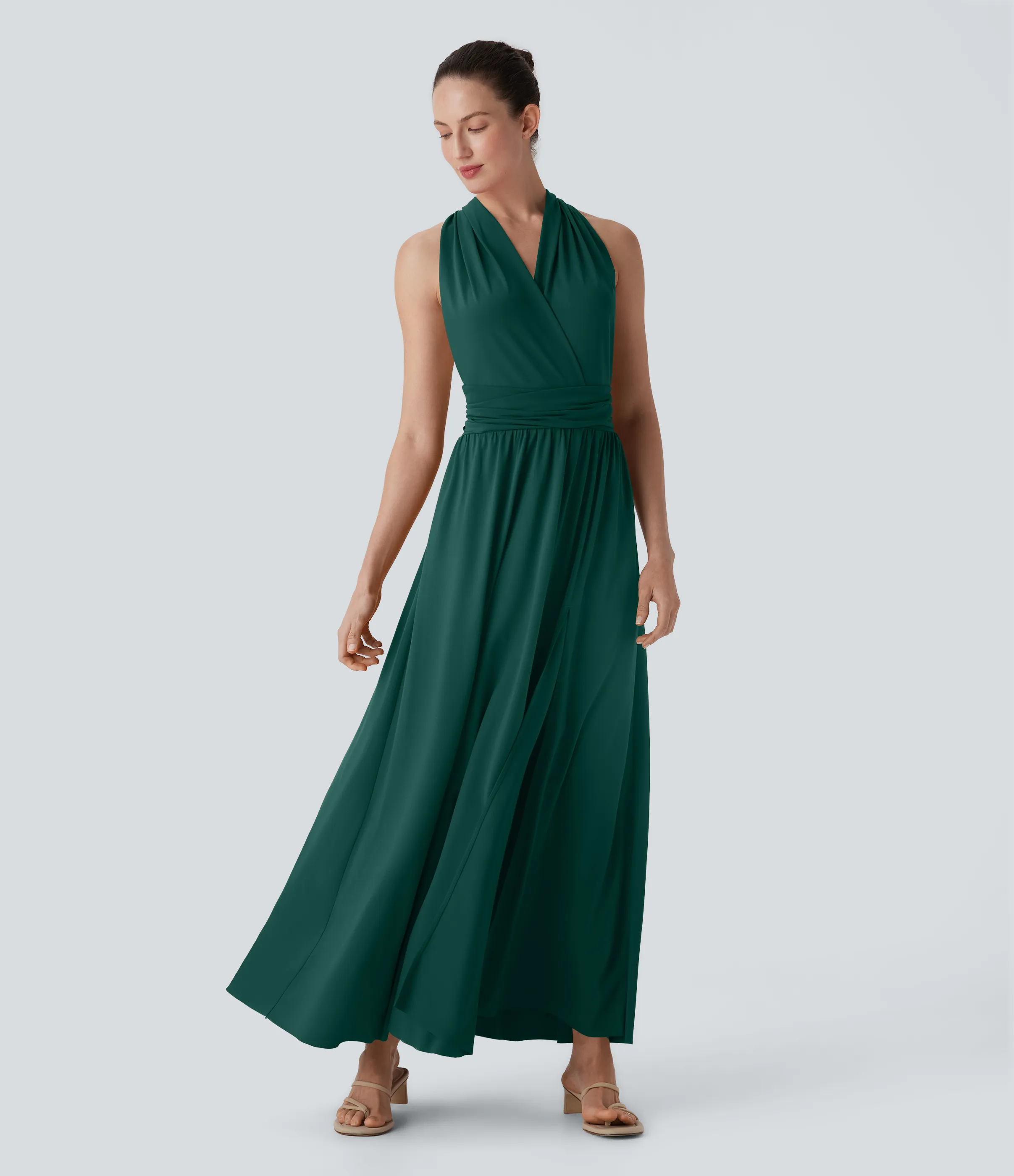 Halara Vestido de fiesta largo con escote en V de manga corta con abertura entrecruzada y lazo en la espalda y bolsillo lateral - Rain Forest - XL sold by Halara product image thumbnail 4