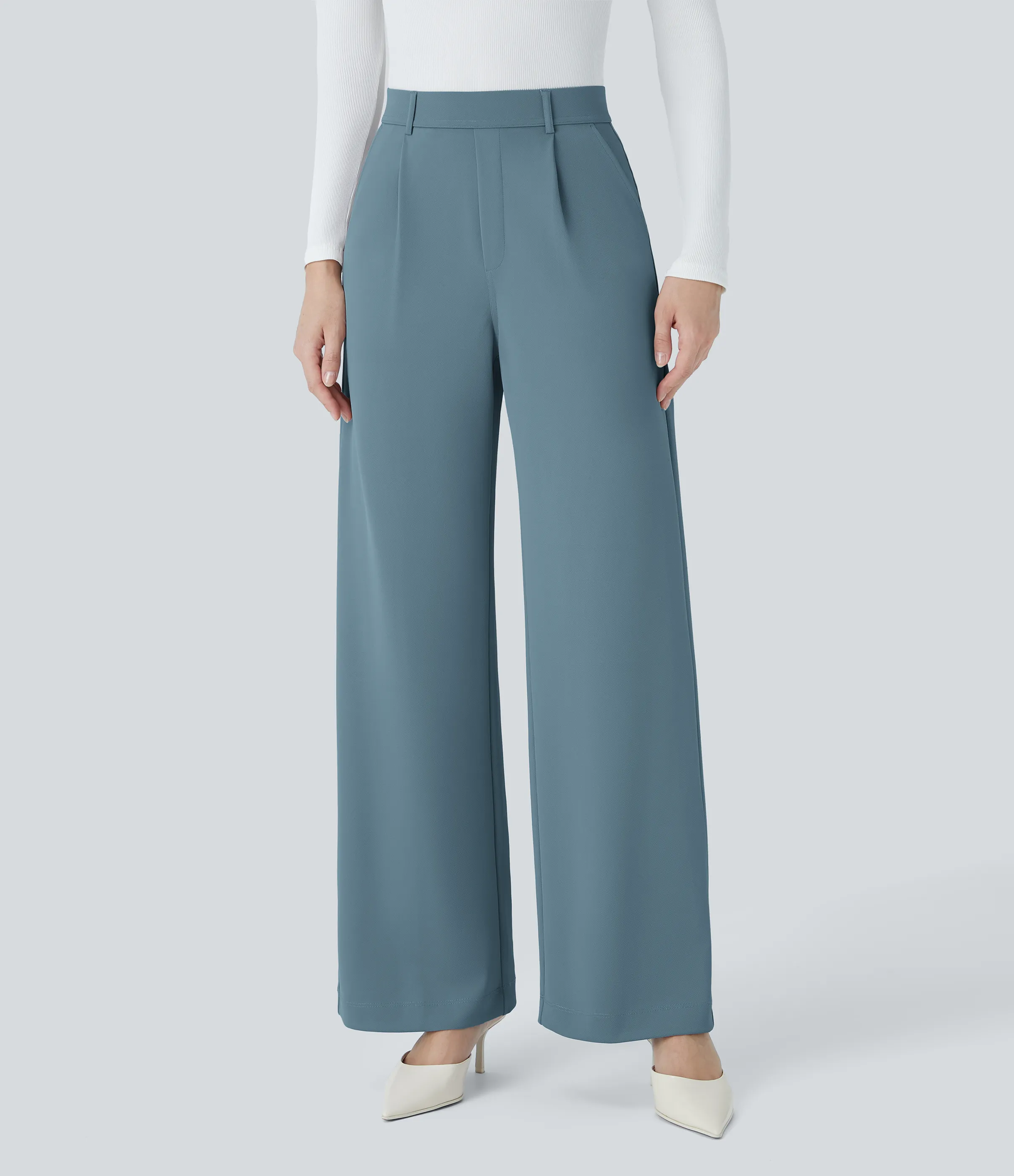 Halara Pantalón Halara Flex™ oficina crepé pierna recta bolsillo lateral tiro alto - Coastline Blue - S(petite) sold by Halara product image thumbnail 3