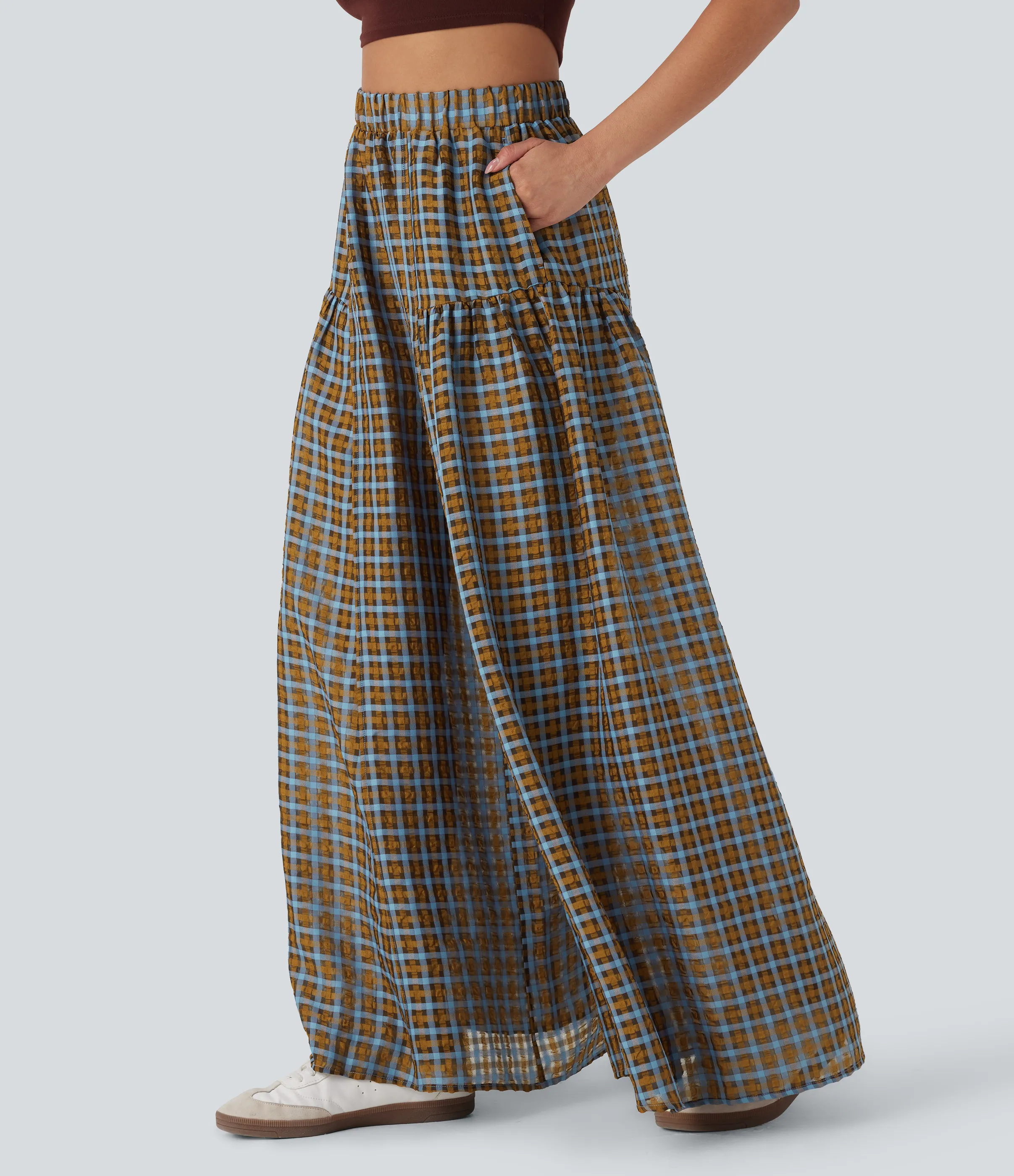 Halara Pantalón cuadro holgado pierna ancha bolsillo lateral tiro alto - Blue Brown Gradient Plaid - S(regular) sold by Halara