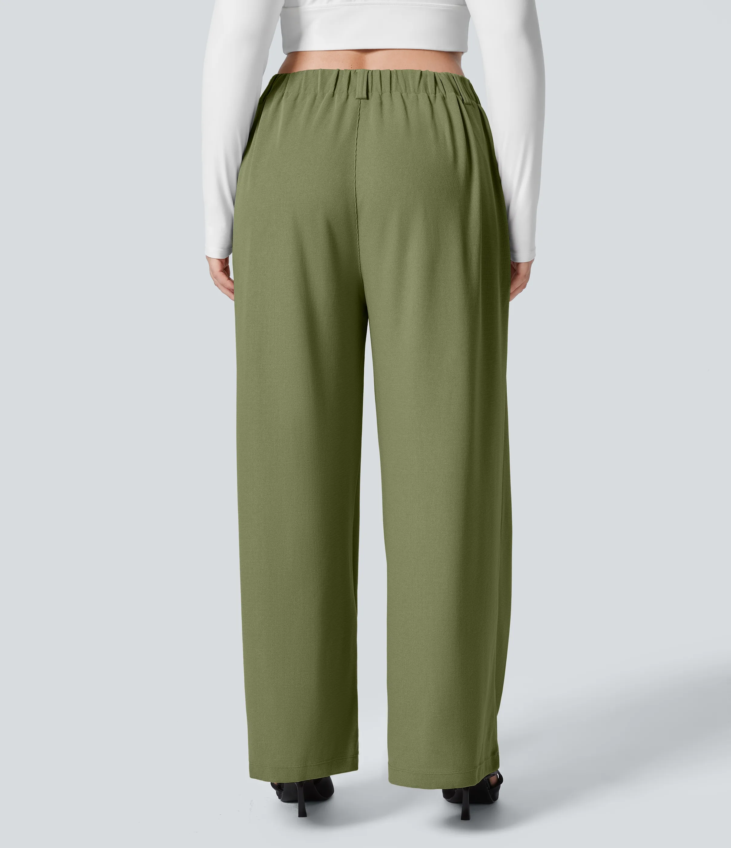 Halara Pantalón Halara Flex™ oficina tiro alto pliegue bolsillo lateral pierna ancha gofre talla grande - Loden Green - 1X(regular) sold by Halara product image thumbnail 3