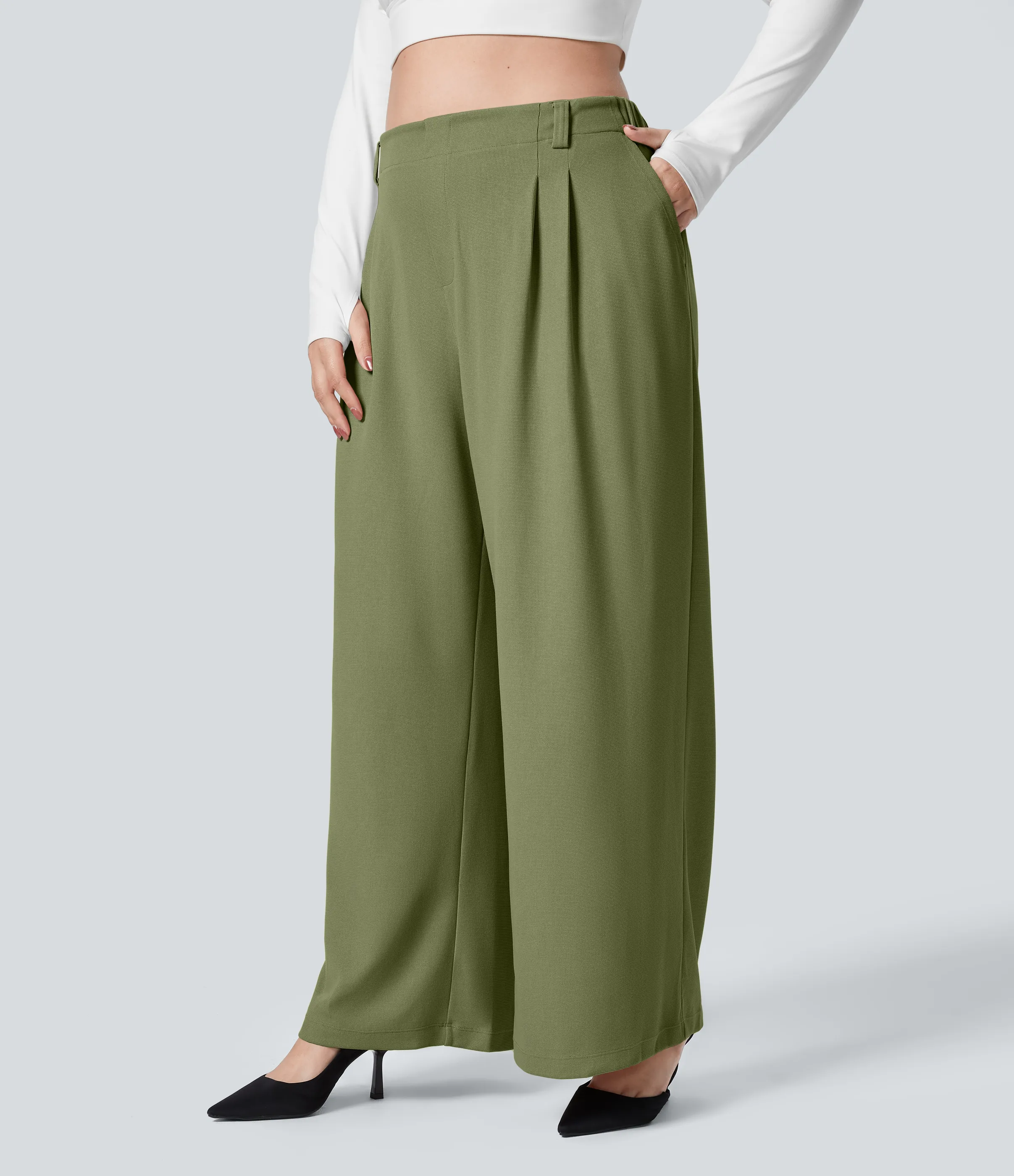 Halara Pantalón Halara Flex™ oficina tiro alto pliegue bolsillo lateral pierna ancha gofre talla grande - Loden Green - 1X(regular) sold by Halara product image thumbnail 4