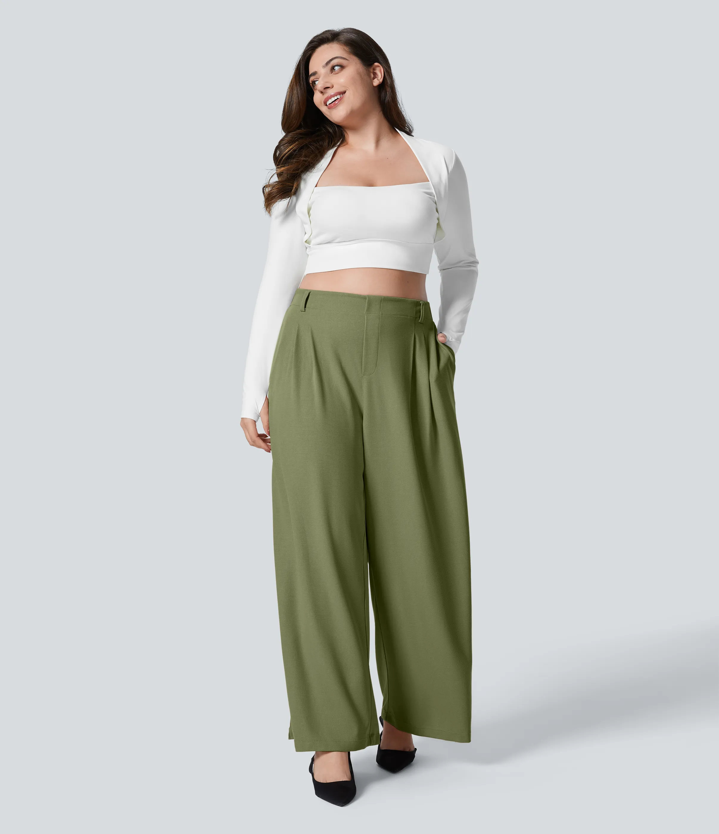 Halara Pantalón Halara Flex™ oficina tiro alto pliegue bolsillo lateral pierna ancha gofre talla grande - Loden Green - 1X(regular) sold by Halara product image thumbnail 5