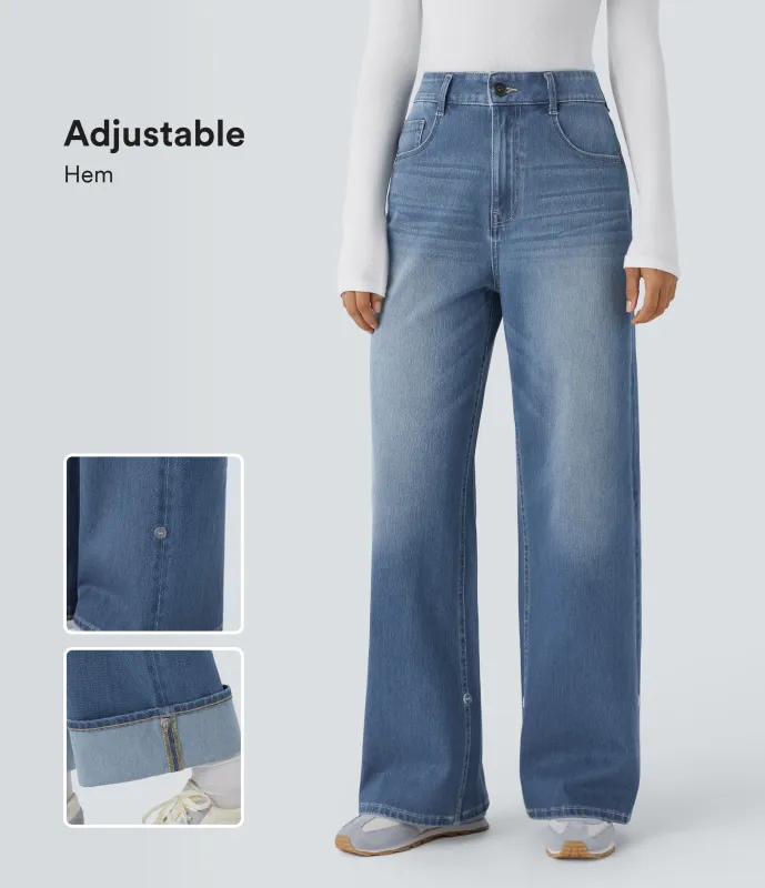 Halara Jeans Halara Flex™ Denim elástico lavado pierna ancha tiro alto múltiple bolsillo dobladillo ajustable - Blue Spruce Denim - L(regular) sold by Halara