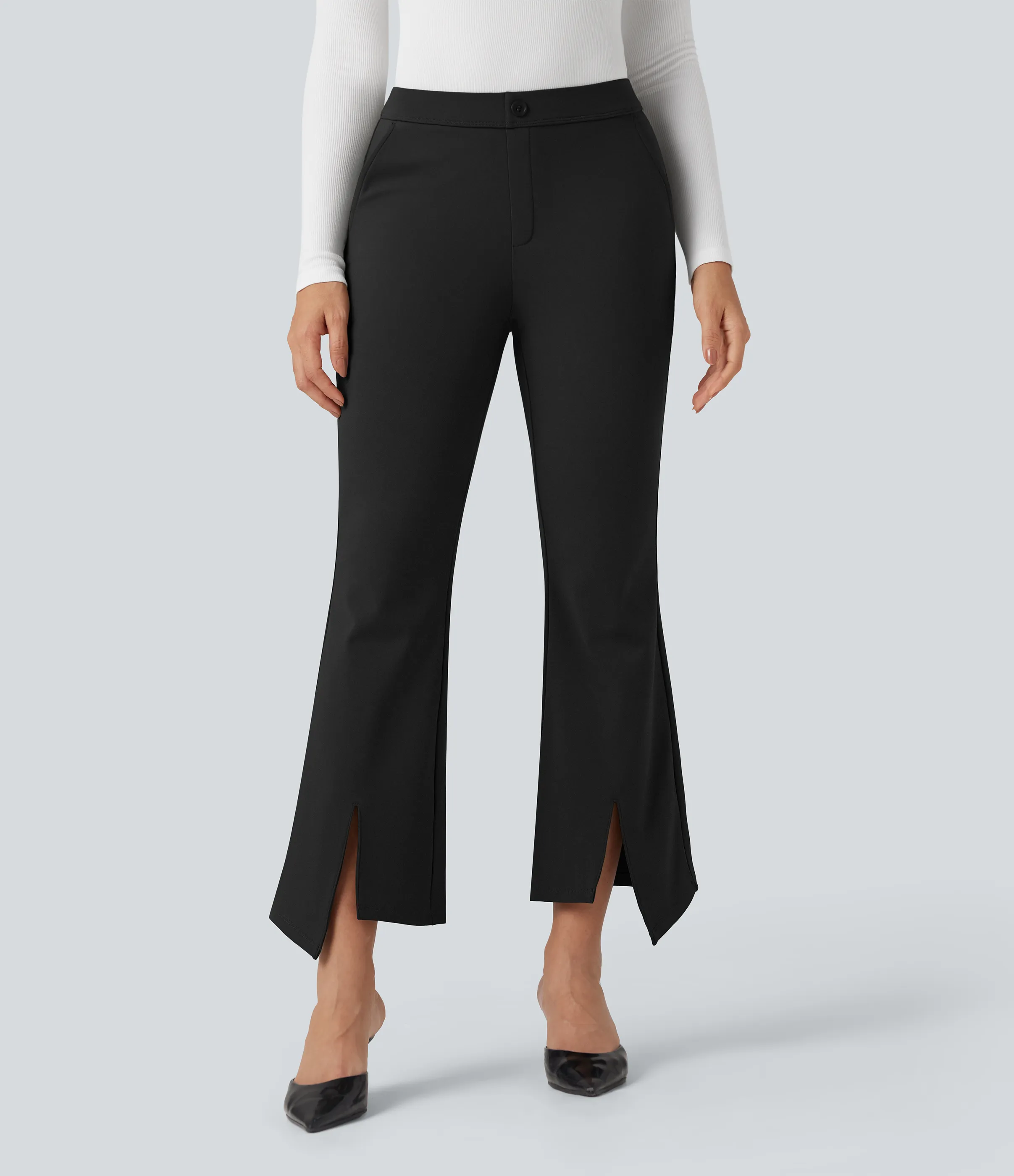 Halara Pantalones de oficina SoftlyZero™ afelpado térmico de tiro alto de 7/8 con abertura y bolsillos - Black - M(regular) sold by Halara