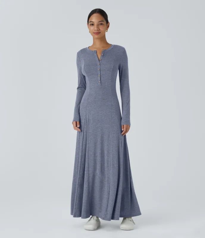 Halara Vestido maxi acampanado de manga larga y cuello redondo con botones - Mottled Indigo - XS sold by Halara