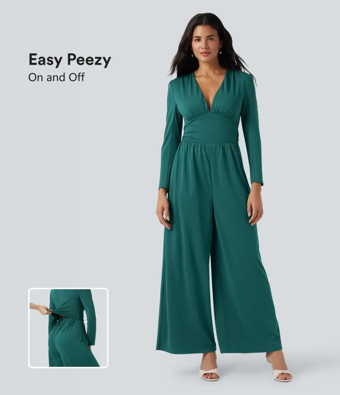 Halara Jumpsuit fruncido de manga larga con cuello en V y bolsillos - Edición Easy Peezy - Bayberry - XS(regular) sold by Halara