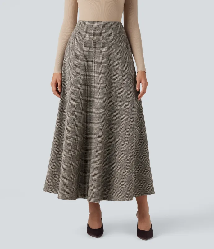 Halara Falda de oficina larga de pata de gallo con tiro alto y bolsillos - Brown Houndstooth Plaid - XS(regular) sold by Halara