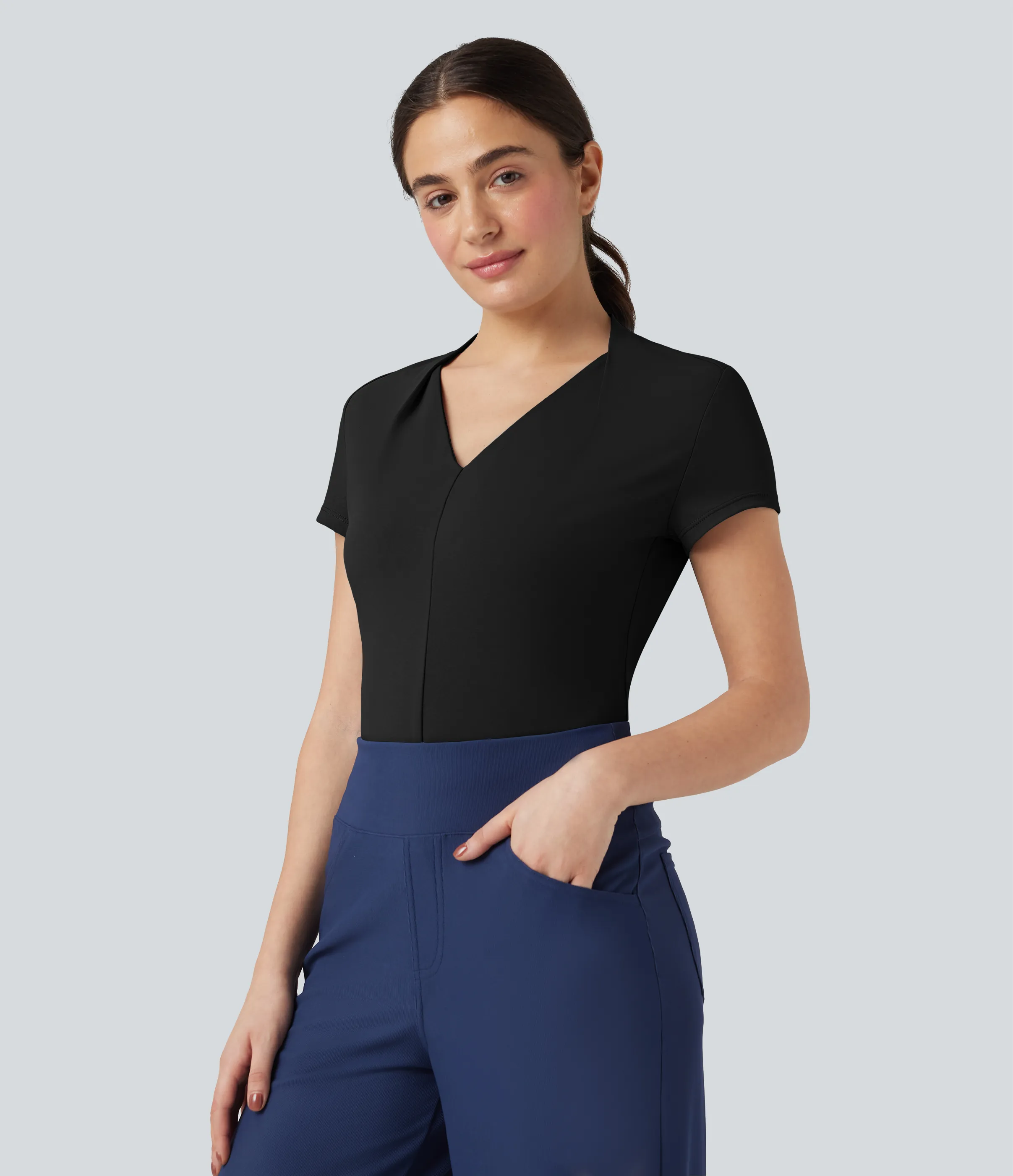 Halara Blusa de oficina de manga corta con cuello en V - Black - M sold by Halara product image thumbnail 4