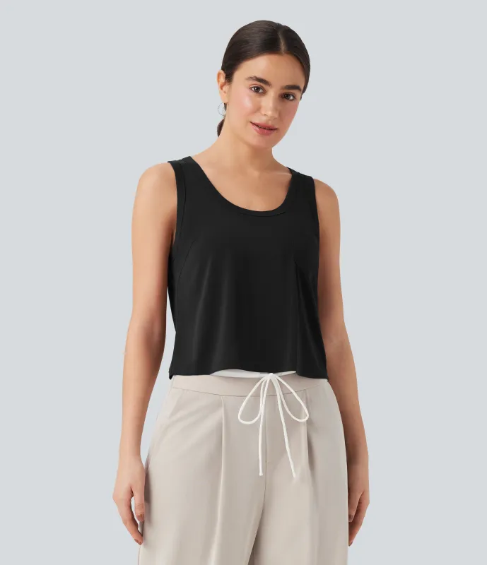 Halara Camiseta sin mangas casual holgada con cuello en U y bolsillo - Black - XS made by Halara