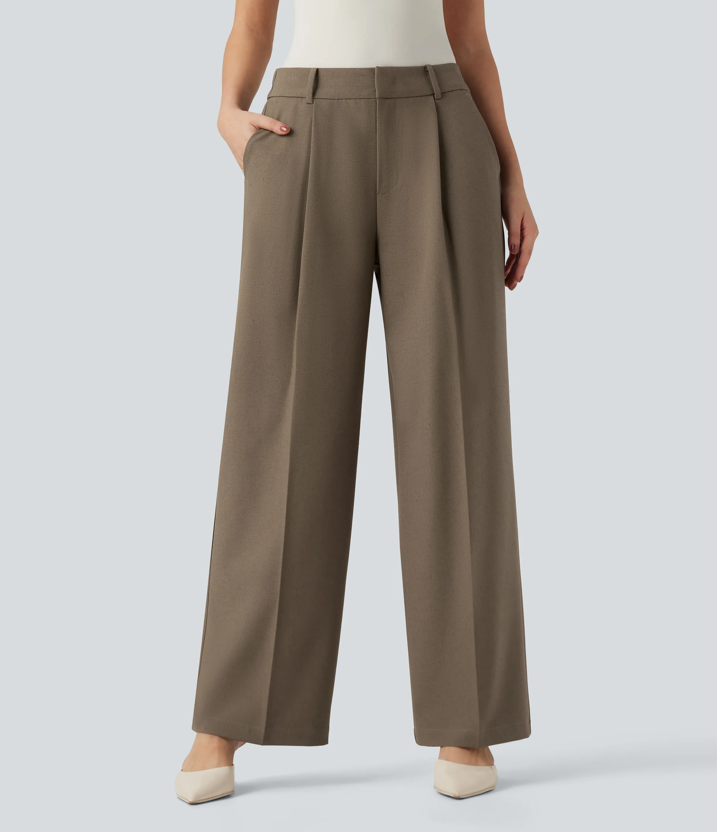 Halara Pantalones de lino rectos de oficina de tiro alto con bolsillos - Driftwood Brown - L(regular) sold by Halara