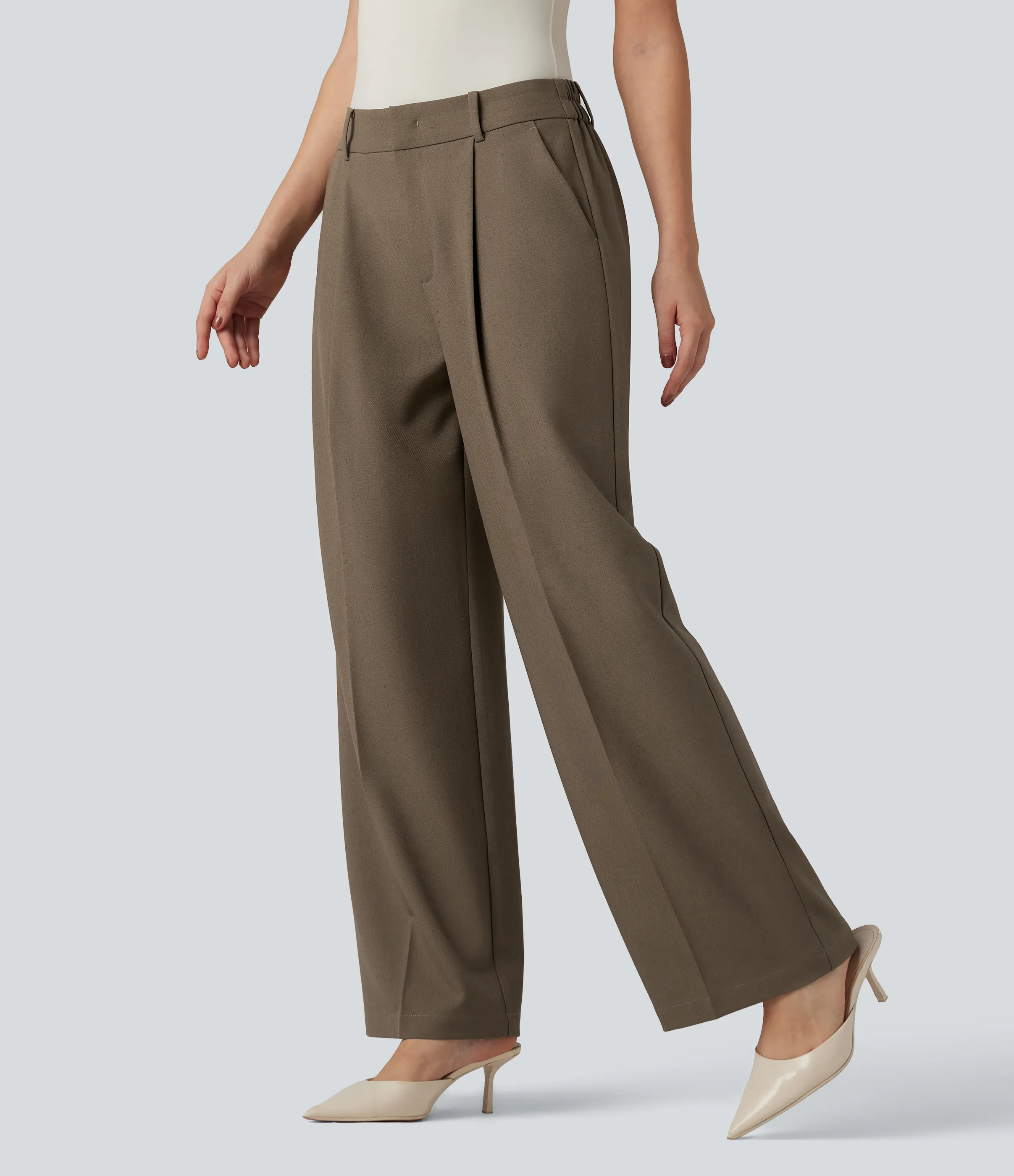 Halara Pantalones de lino rectos de oficina de tiro alto con bolsillos - Driftwood Brown - L(regular) sold by Halara product image thumbnail 4