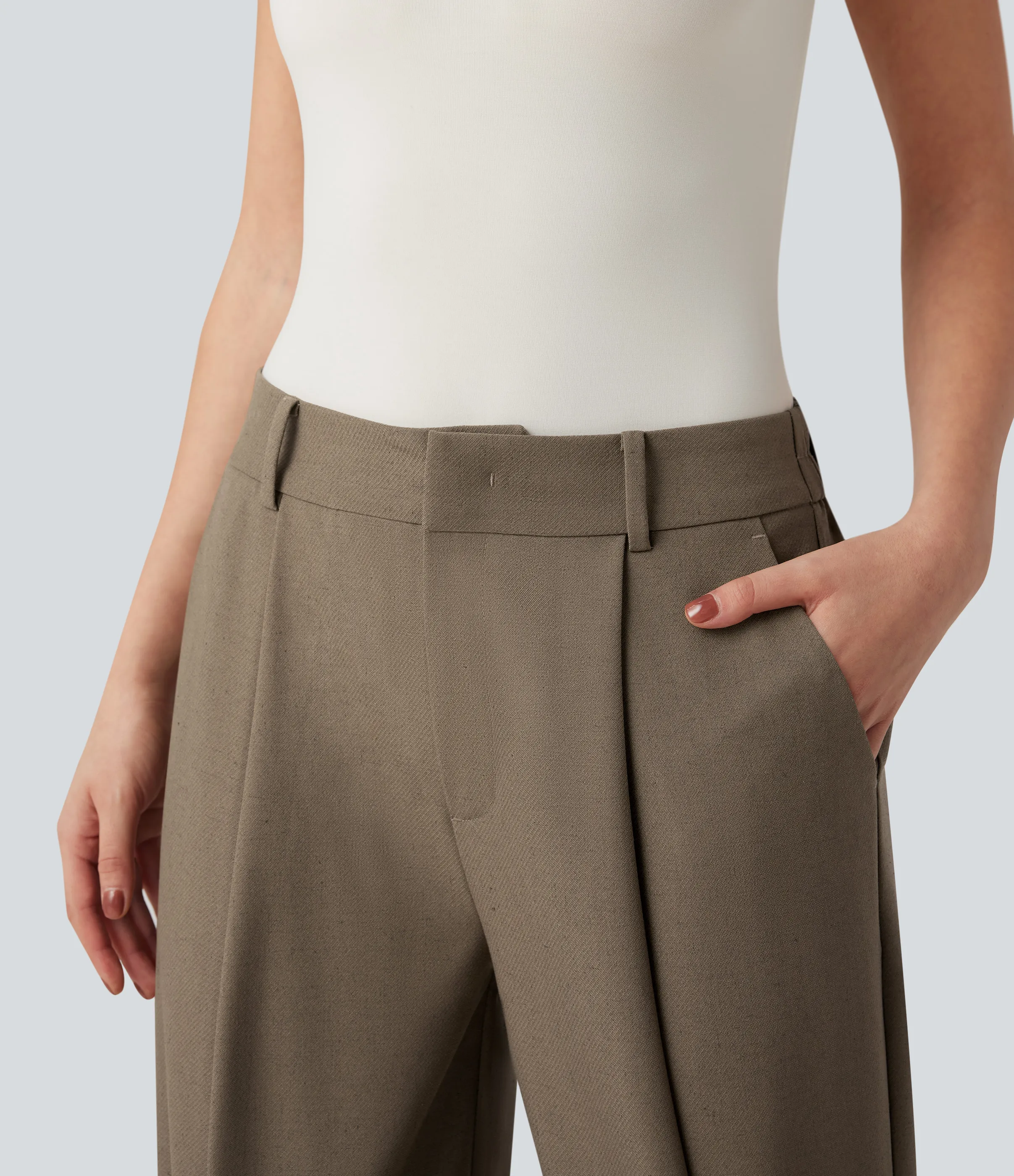 Halara Pantalones de lino rectos de oficina de tiro alto con bolsillos - Driftwood Brown - L(regular) sold by Halara product image thumbnail 5