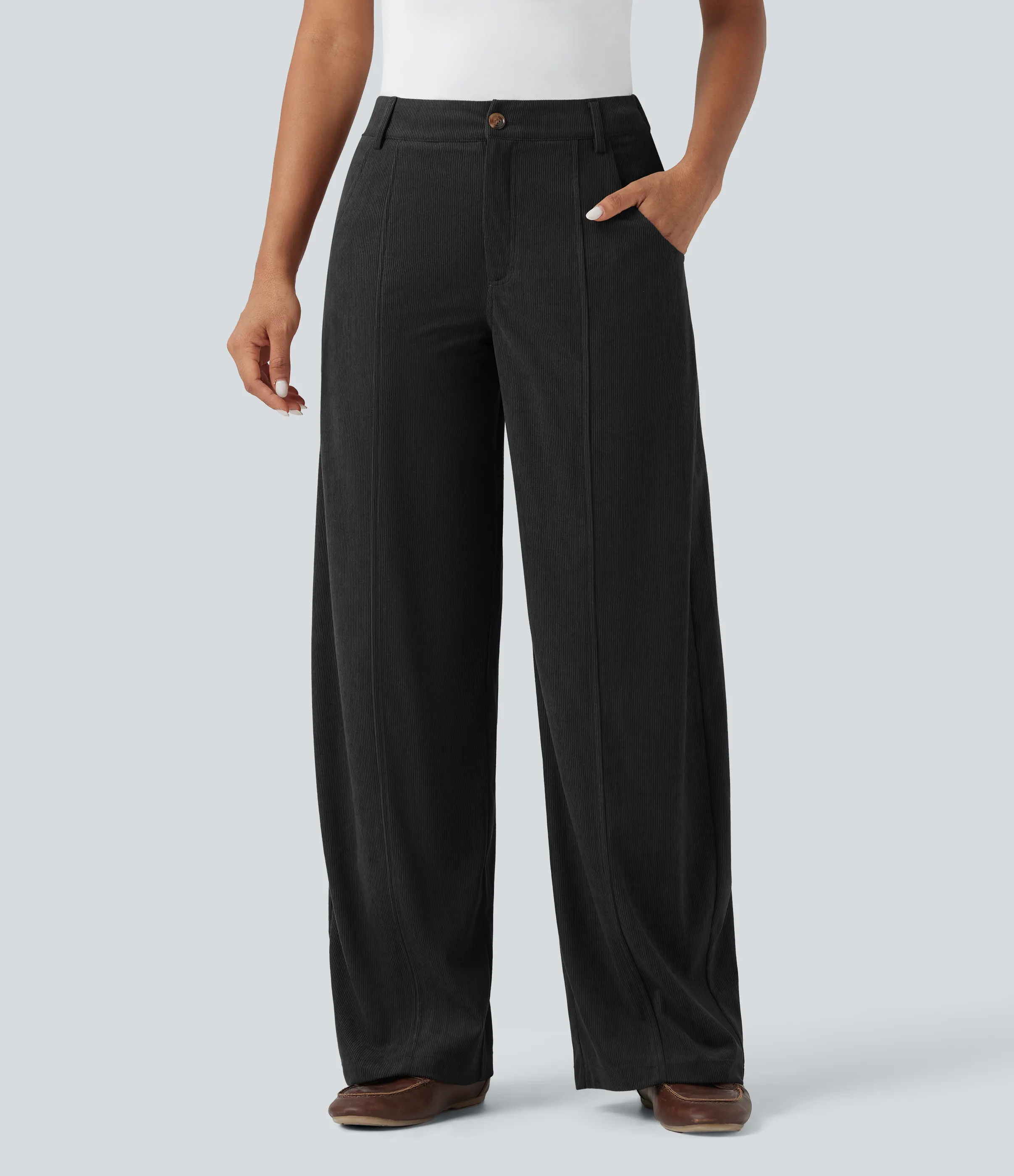 Halara Pantalones casuales anchos de pana y tiro alto con bolsillos - Black - S(regular) sold by Halara product image thumbnail 3
