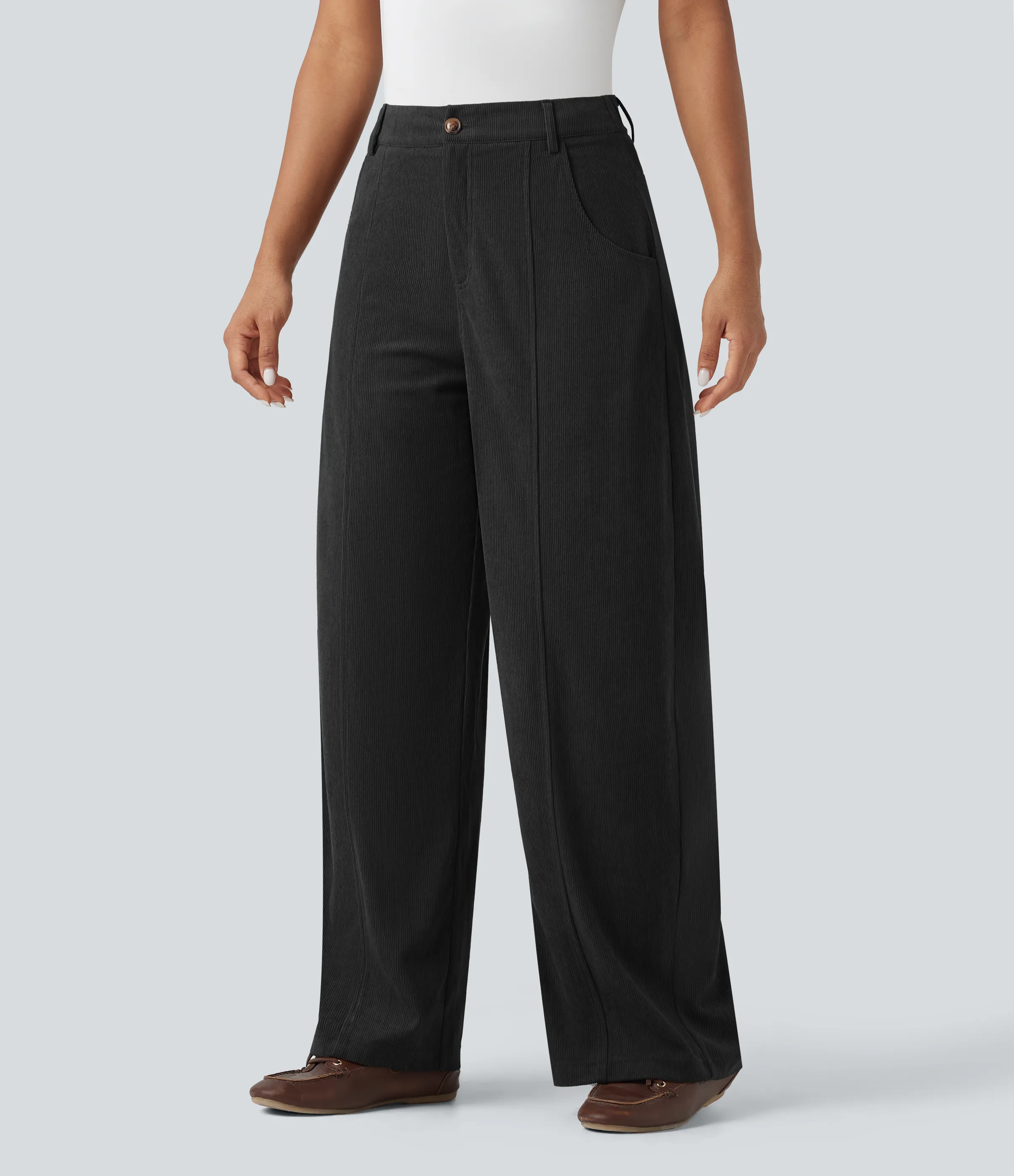 Halara Pantalones casuales anchos de pana y tiro alto con bolsillos - Black - S(regular) sold by Halara product image thumbnail 4