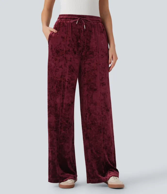 Halara Pantalones casuales anchos de terciopelo con tiro medio con cordón y bolsillos - Burgundy - XS(regular) made by Halara