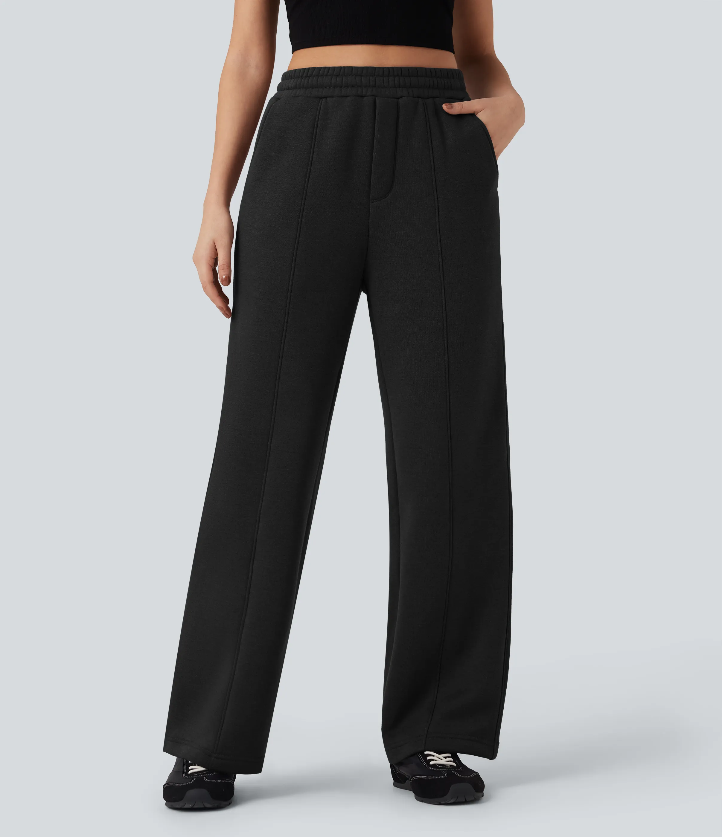 Halara Pantalones casuales anchos de algodón polar con tiro alto, cordón ajustable y bolsillos - Black - L(regular) sold by Halara product image thumbnail 2