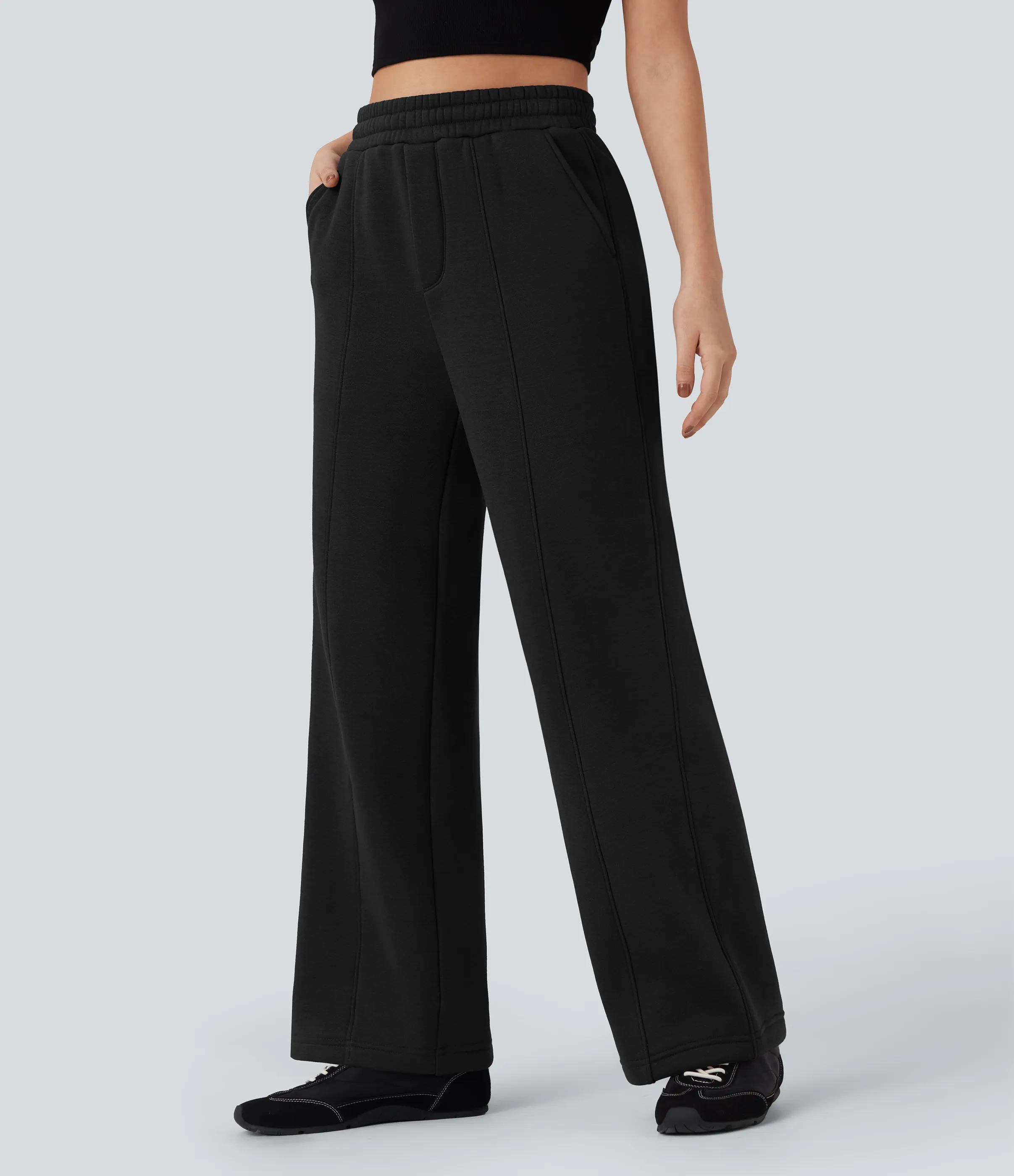 Halara Pantalones casuales anchos de algodón polar con tiro alto, cordón ajustable y bolsillos - Black - L(regular) sold by Halara product image thumbnail 4