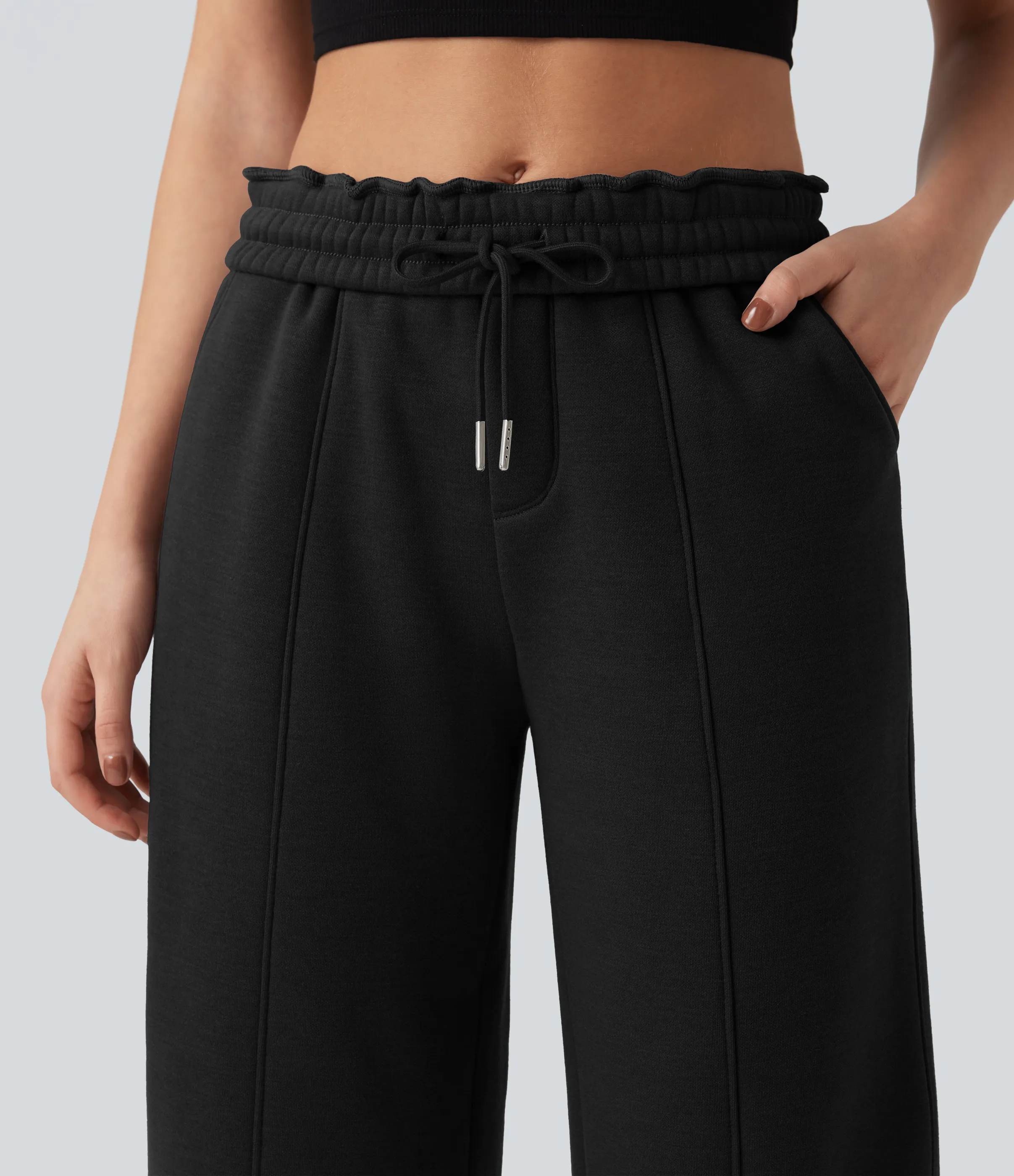 Halara Pantalones casuales anchos de algodón polar con tiro alto, cordón ajustable y bolsillos - Black - L(regular) sold by Halara product image thumbnail 5